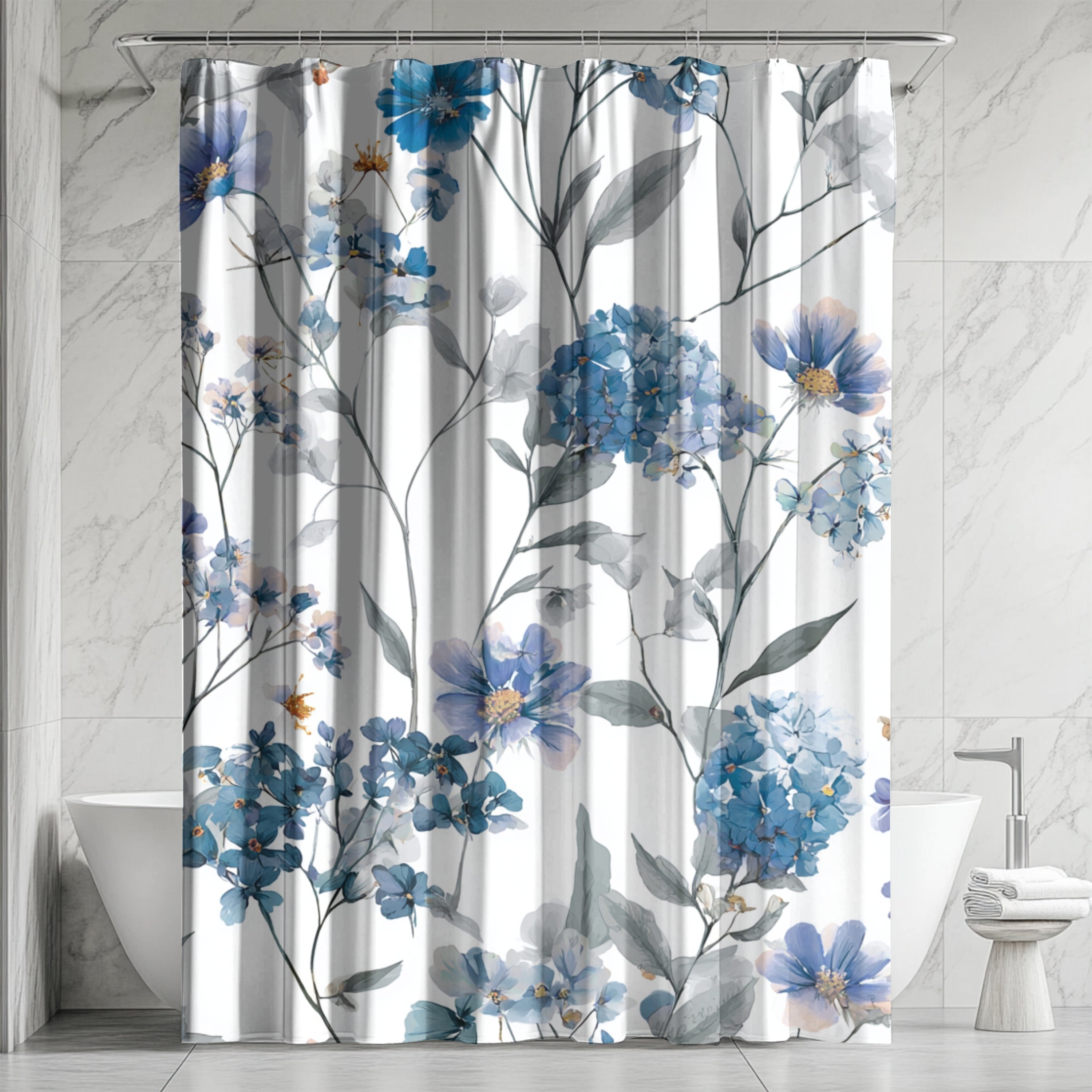 a bathroom with a shower curtain adorned with a floral pattern in shades of blue and white. The shower curtain is hanging from a rod, and there is a white bathtub visible in the background.