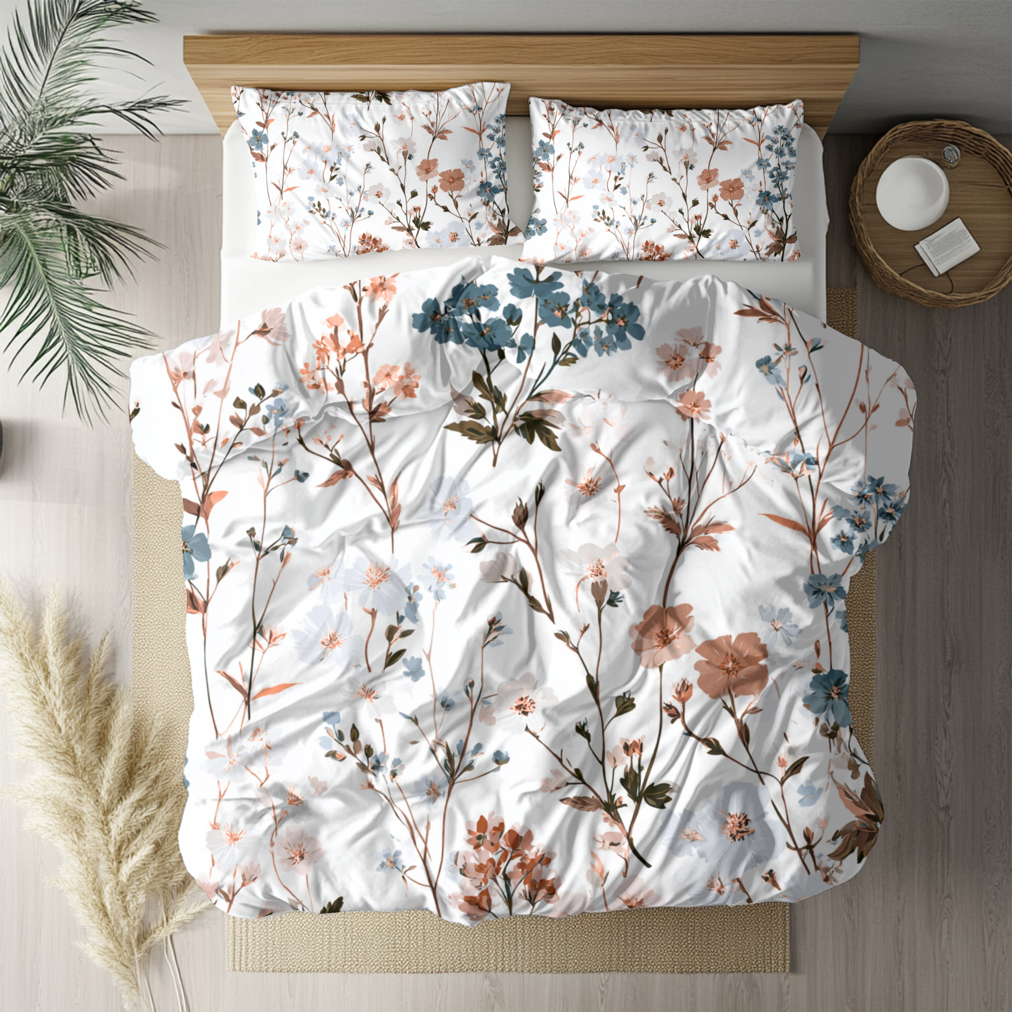 Floral Modern Duvet, Pillow Cover | White Beige Bedroom Decor
