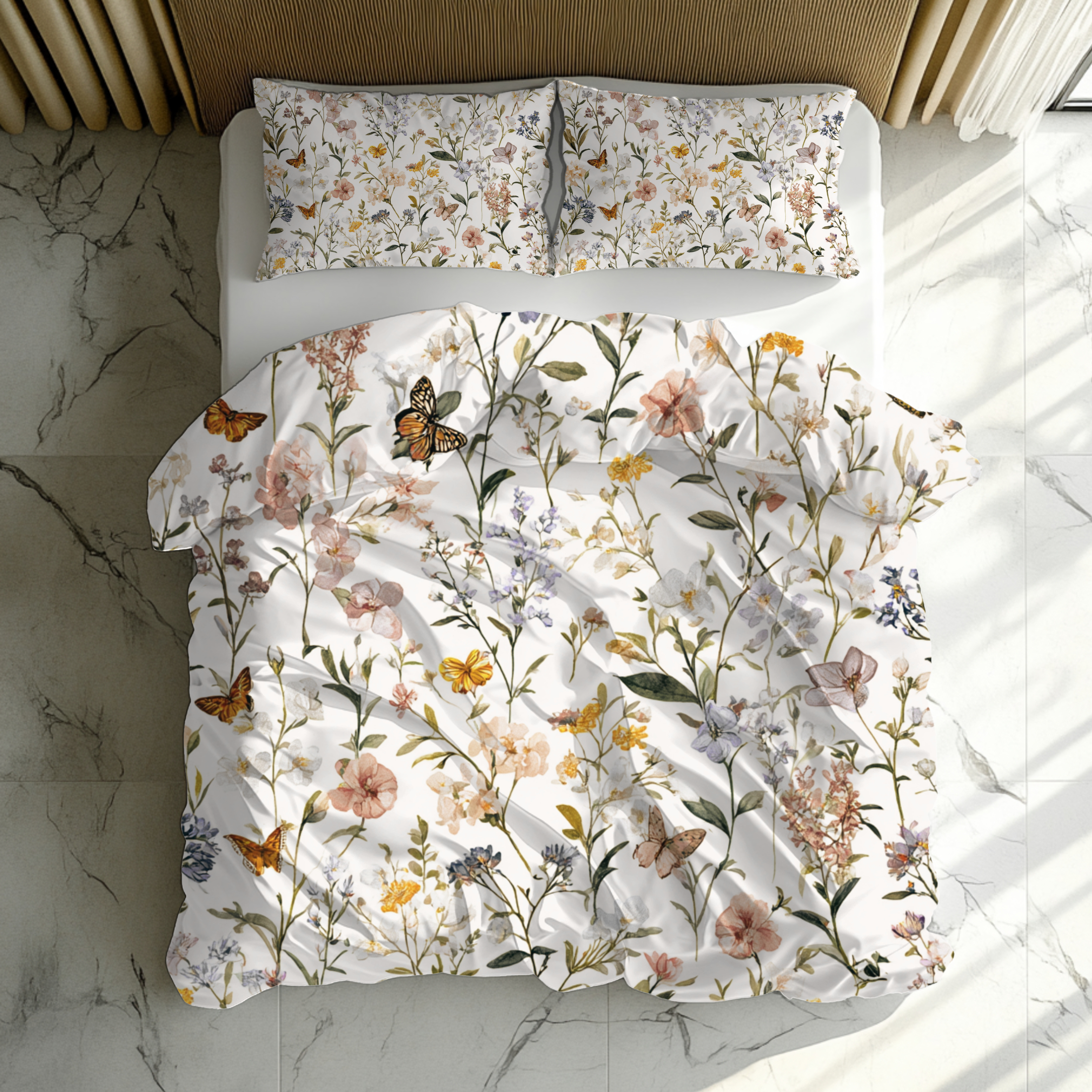 Floral Modern Duvet, Pillow Cover | White Beige Bedroom Decor