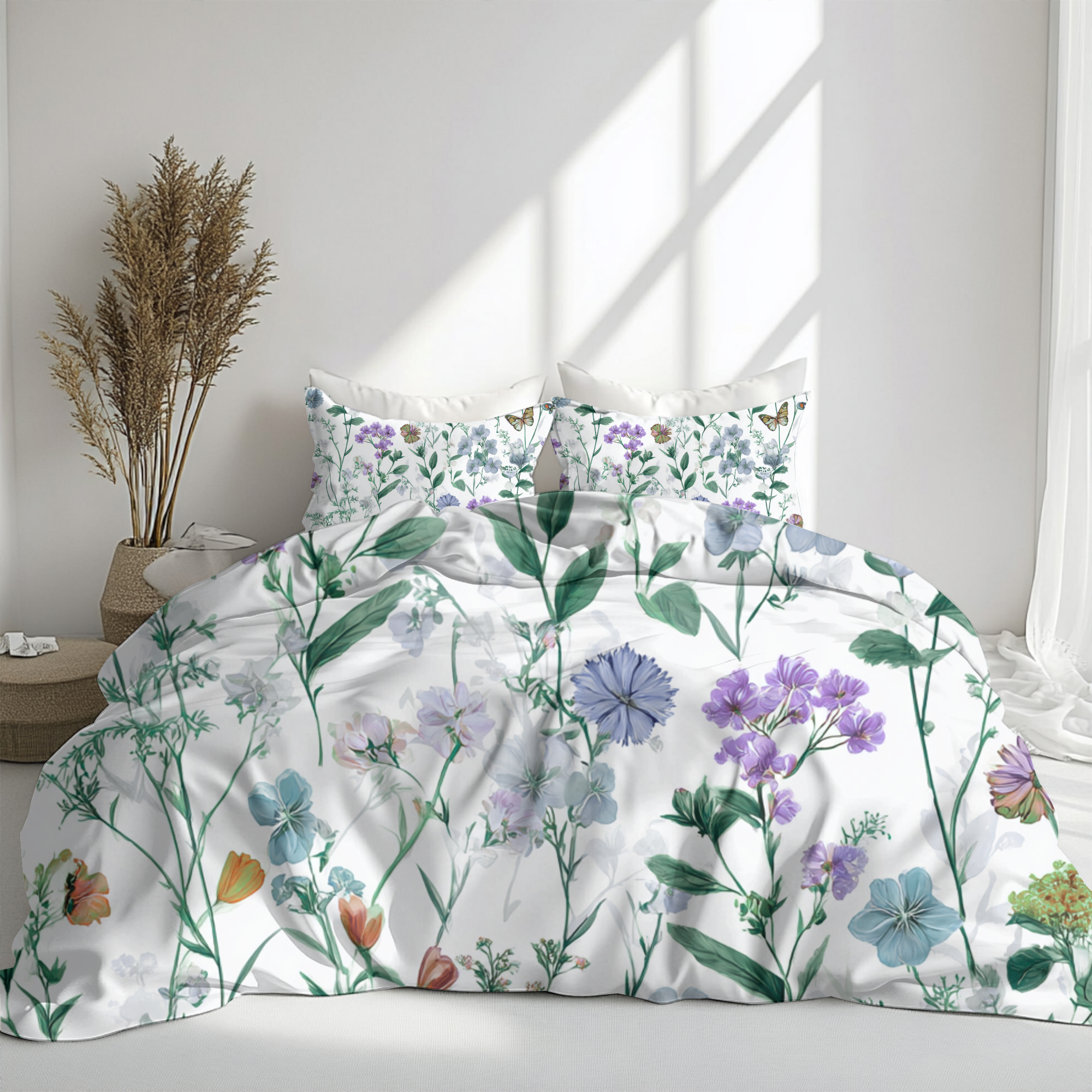 Floral Modern Duvet, Pillow Cover | White Green Bedroom Decor