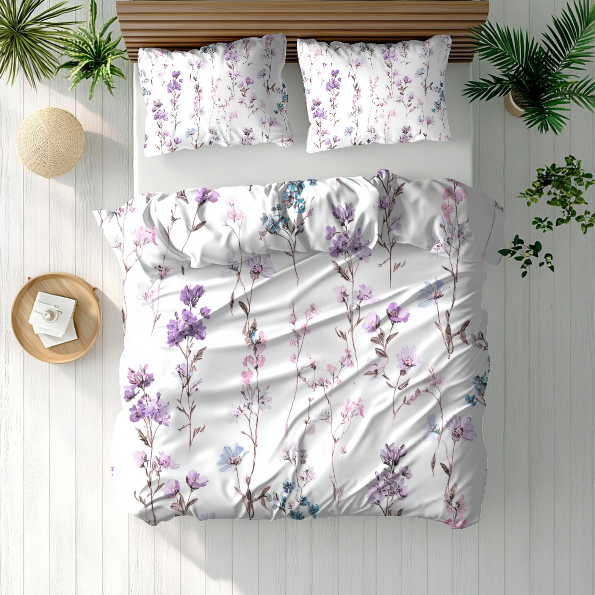 Floral Modern Duvet, Pillow Cover | White Purple Bedroom Decor