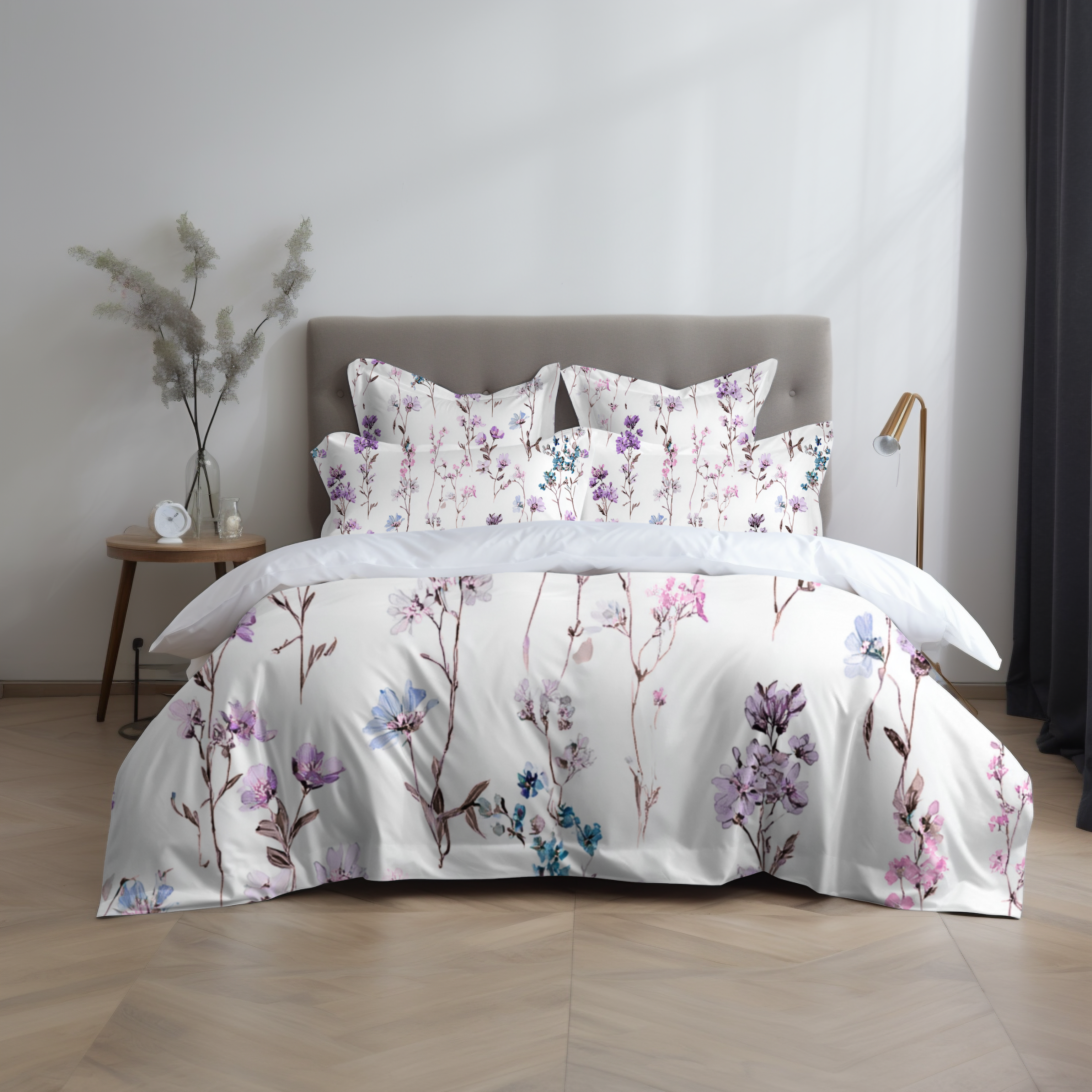Floral Modern Duvet, Pillow Cover | White Purple Bedroom Decor