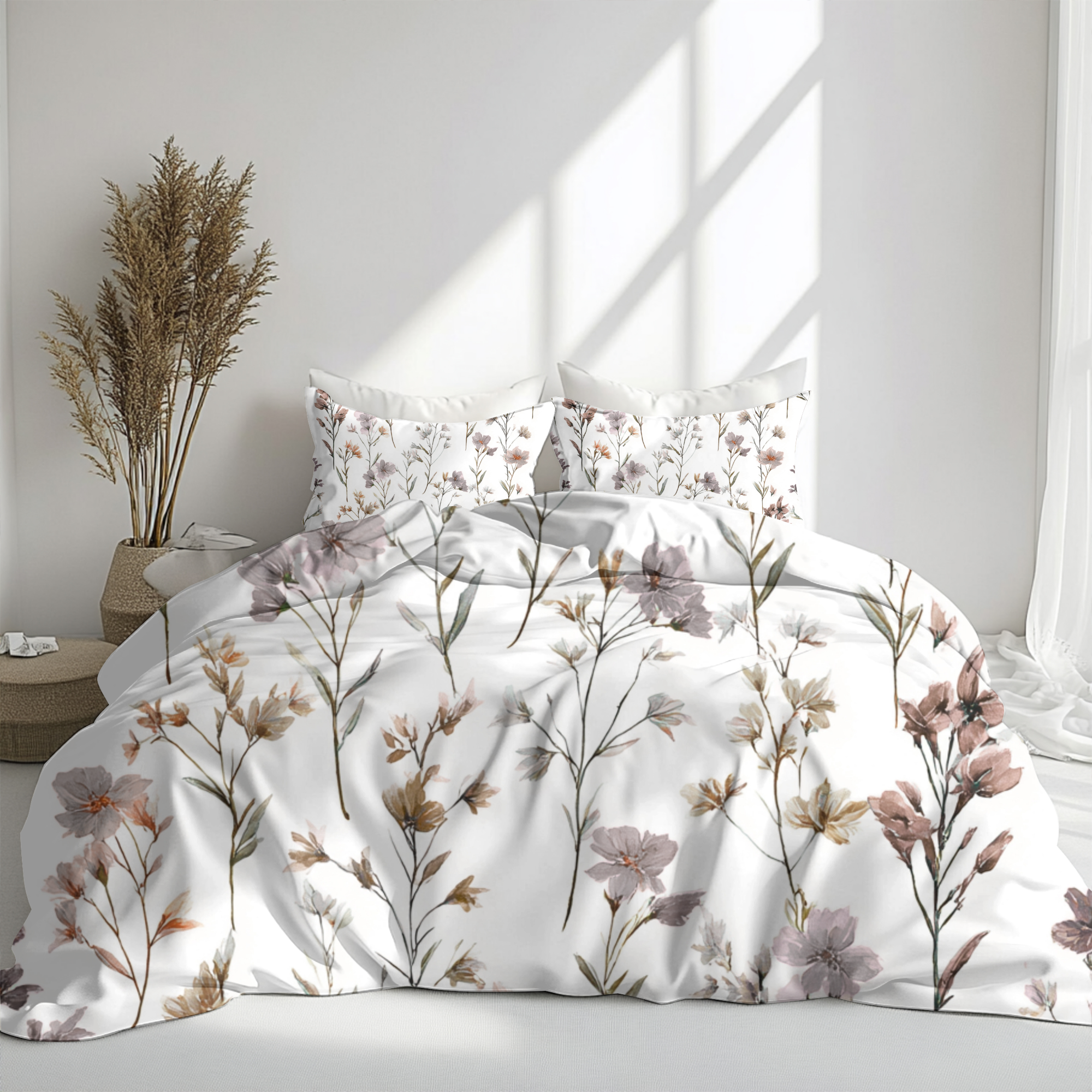 Floral Modern Duvet, Pillow Cover | White Beige Bedroom Decor