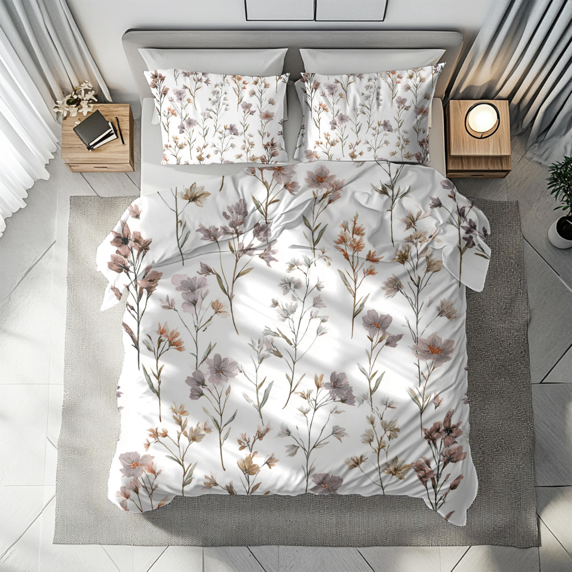 Floral Modern Duvet, Pillow Cover | White Beige Bedroom Decor