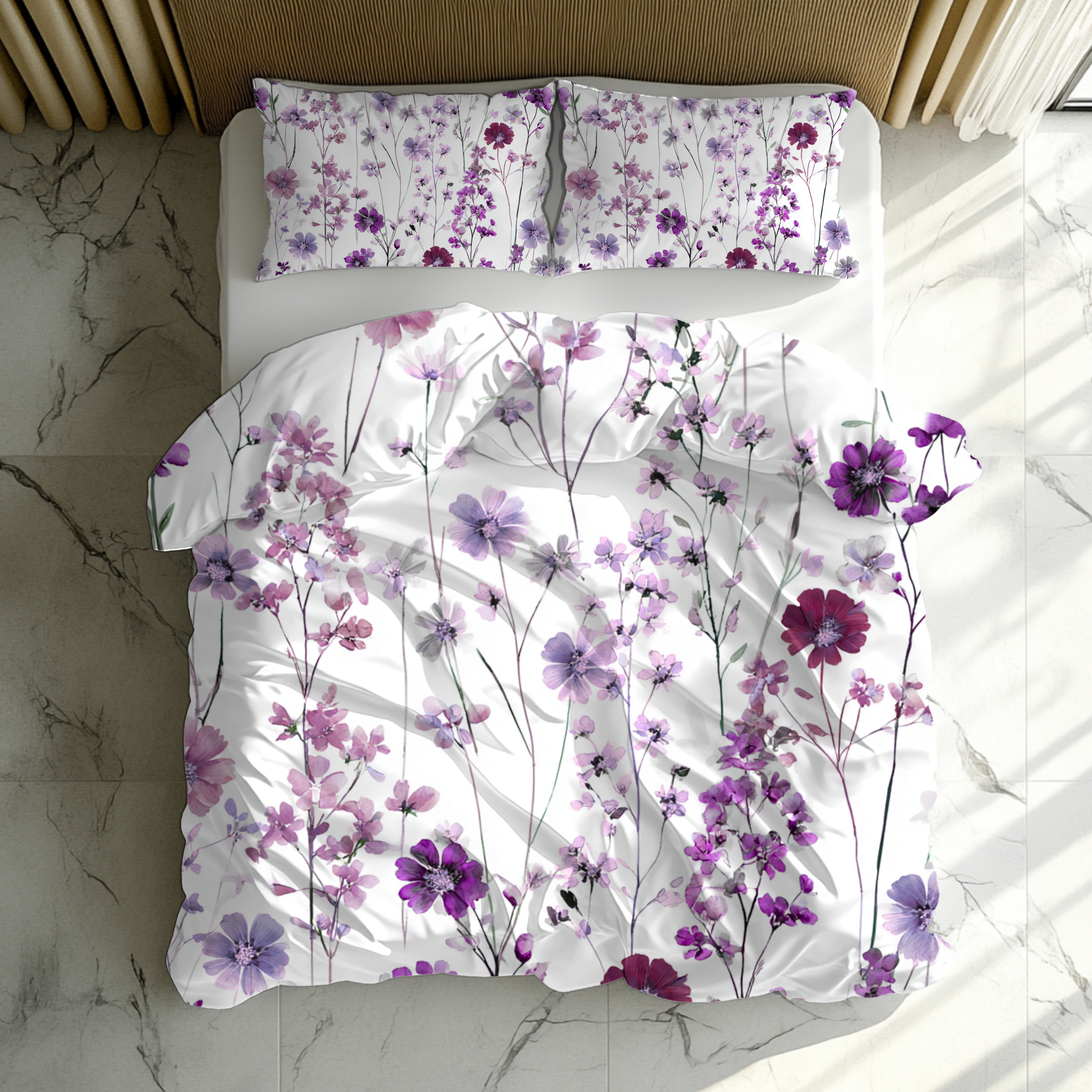 Floral Modern Duvet, Pillow Cover | White Purple Bedroom Decor