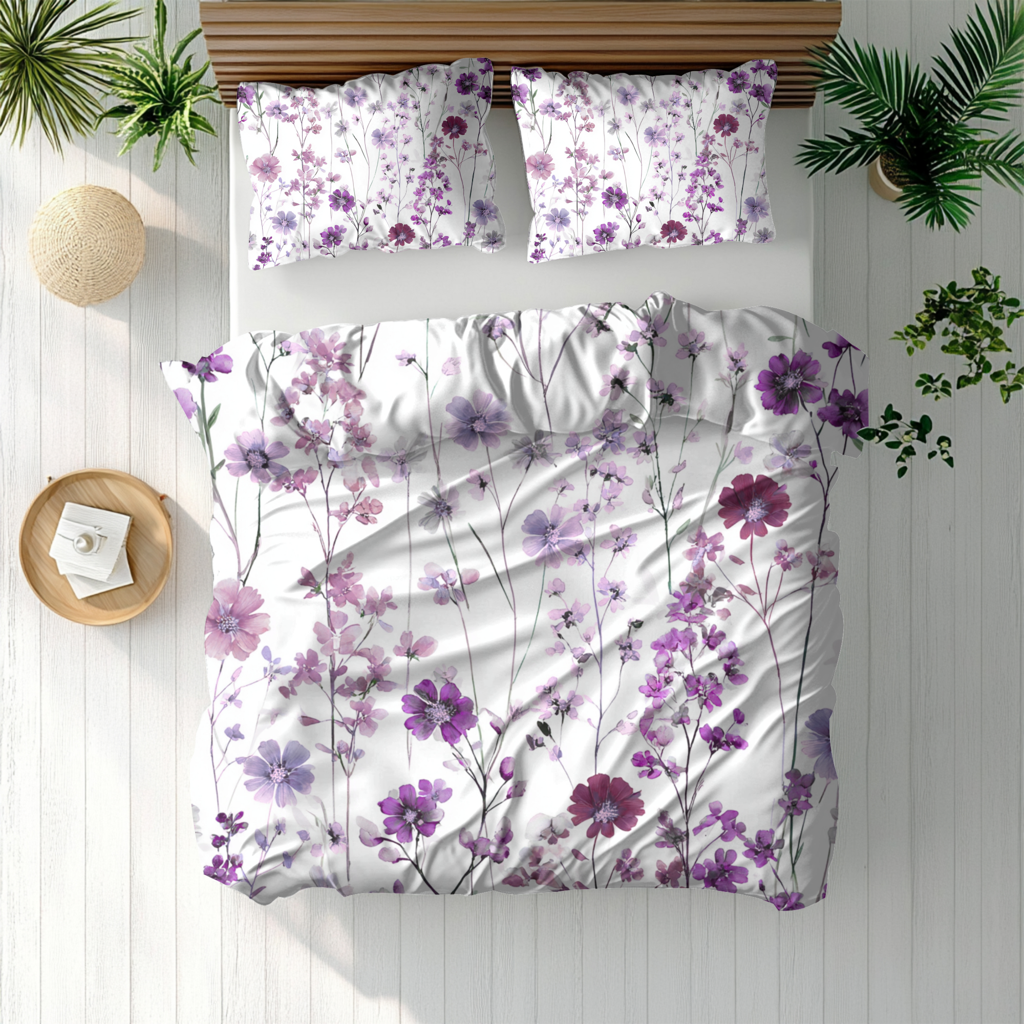 Floral Modern Duvet, Pillow Cover | White Purple Bedroom Decor