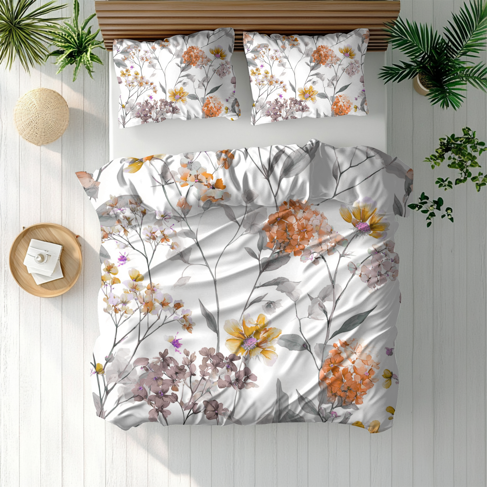 Floral Modern Duvet, Pillow Cover | White Orange Bedroom Decor