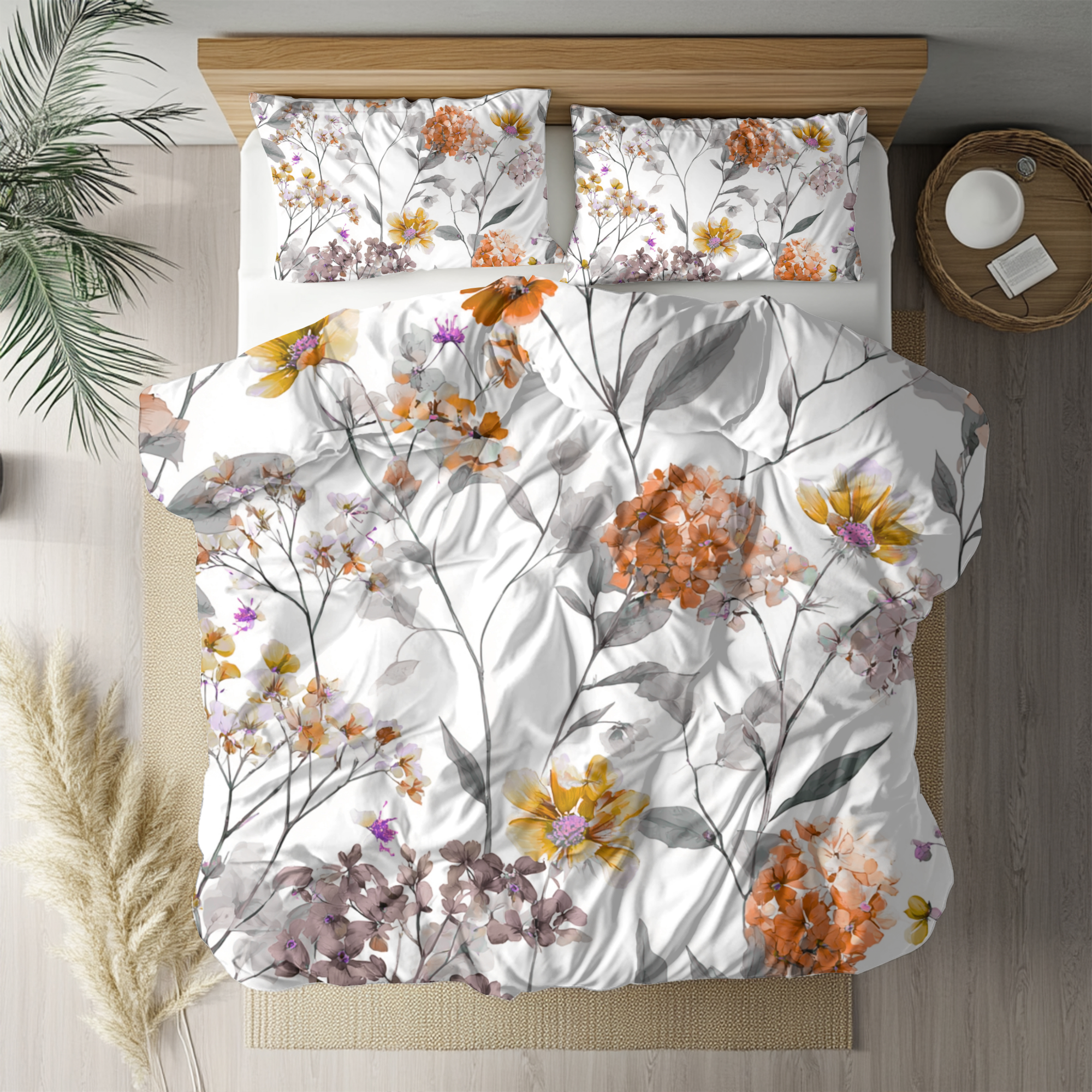 Floral Modern Duvet, Pillow Cover | White Orange Bedroom Decor