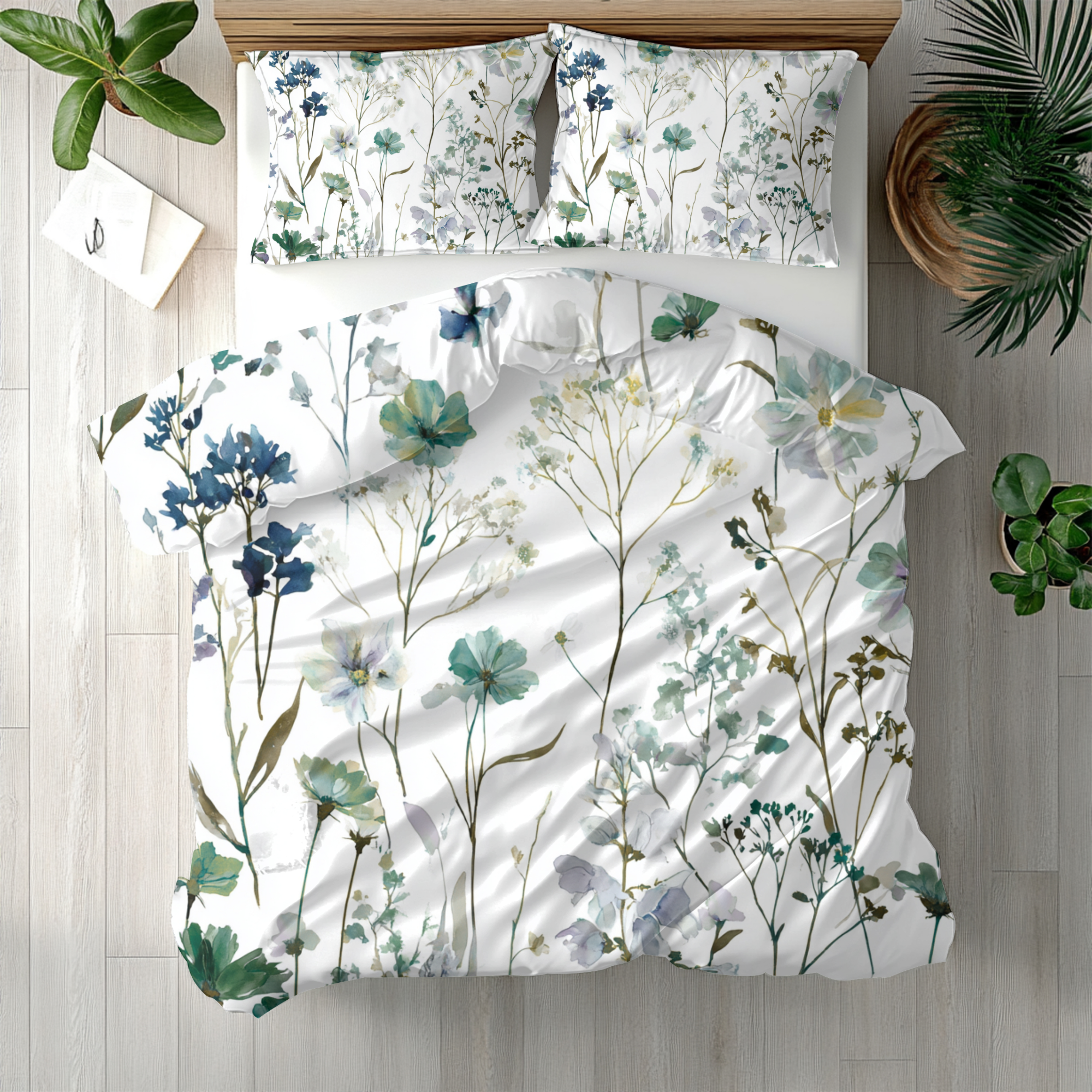Floral Modern Duvet, Pillow Cover | White Green Bedroom Decor