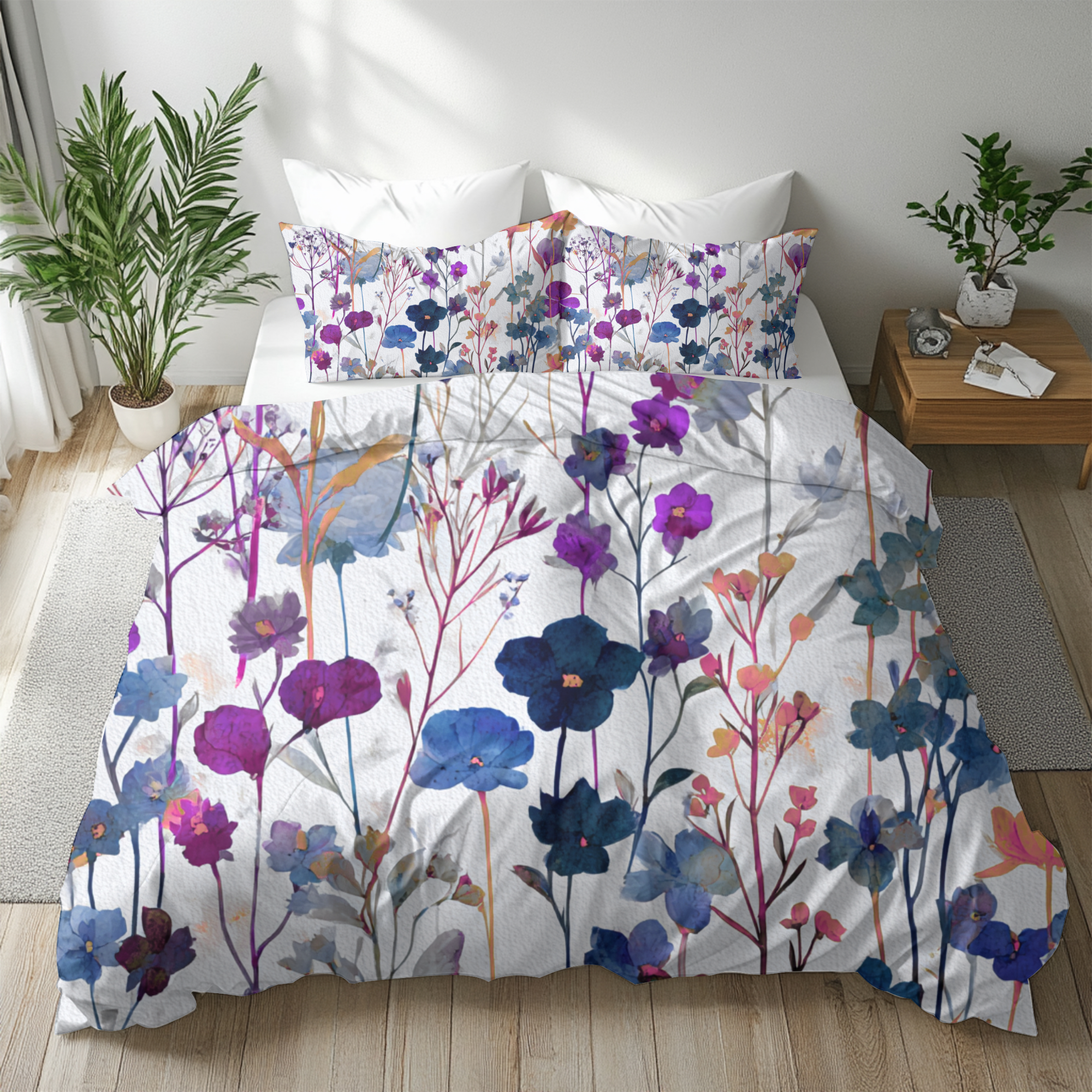 Floral Modern Duvet, Pillow Cover | Blue Orange Bedroom Decor