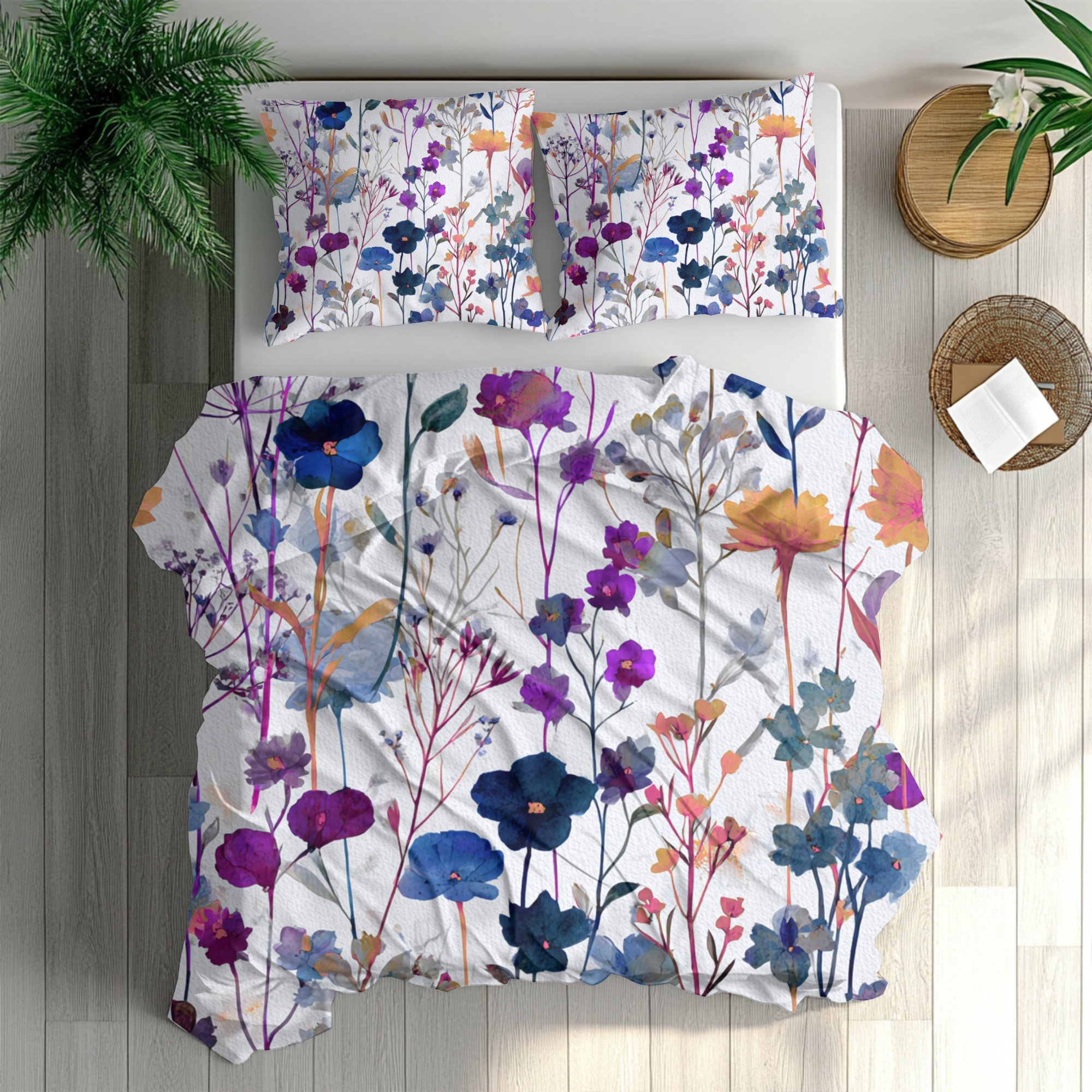 Floral Modern Duvet, Pillow Cover | Blue Orange Bedroom Decor