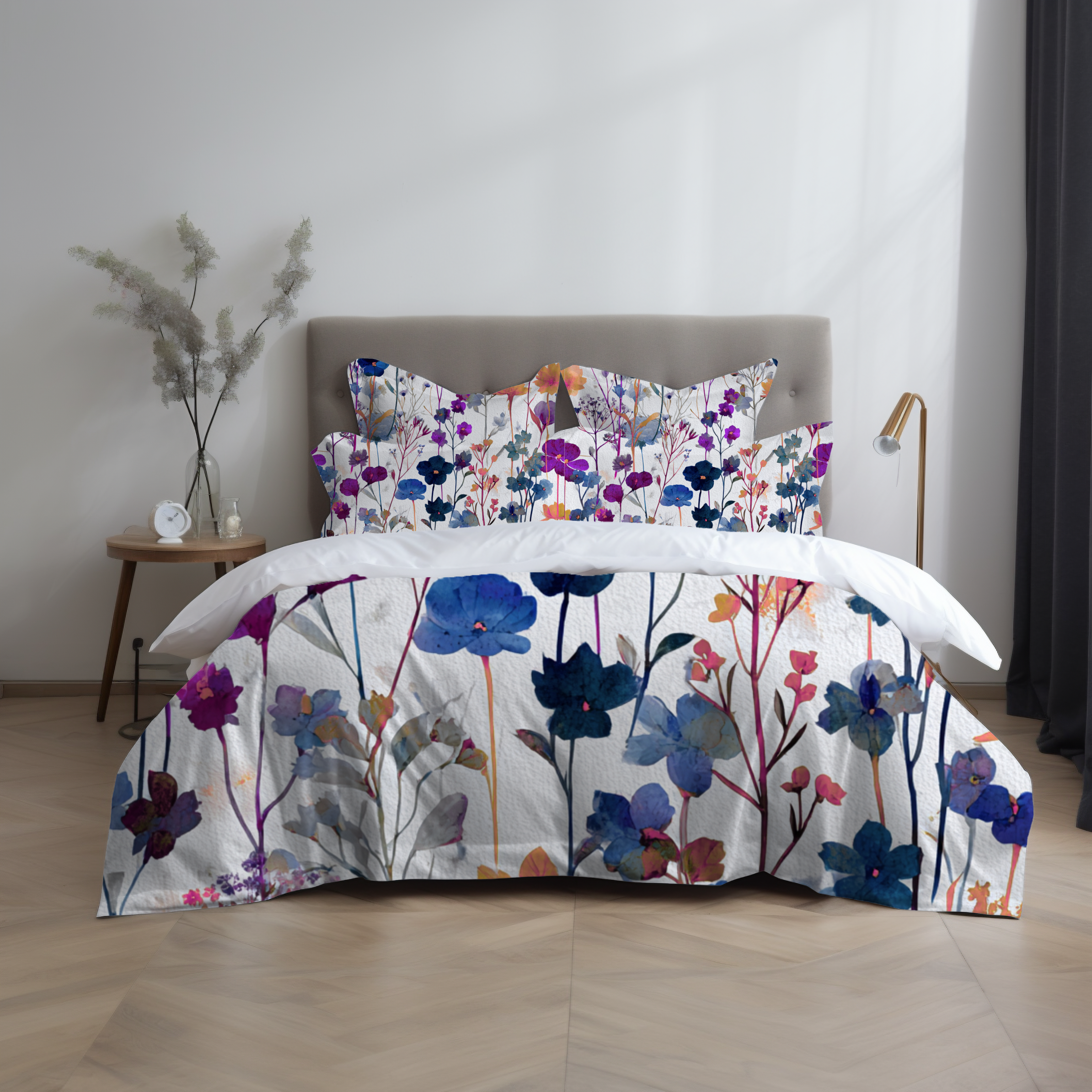 Floral Modern Duvet, Pillow Cover | Blue Orange Bedroom Decor