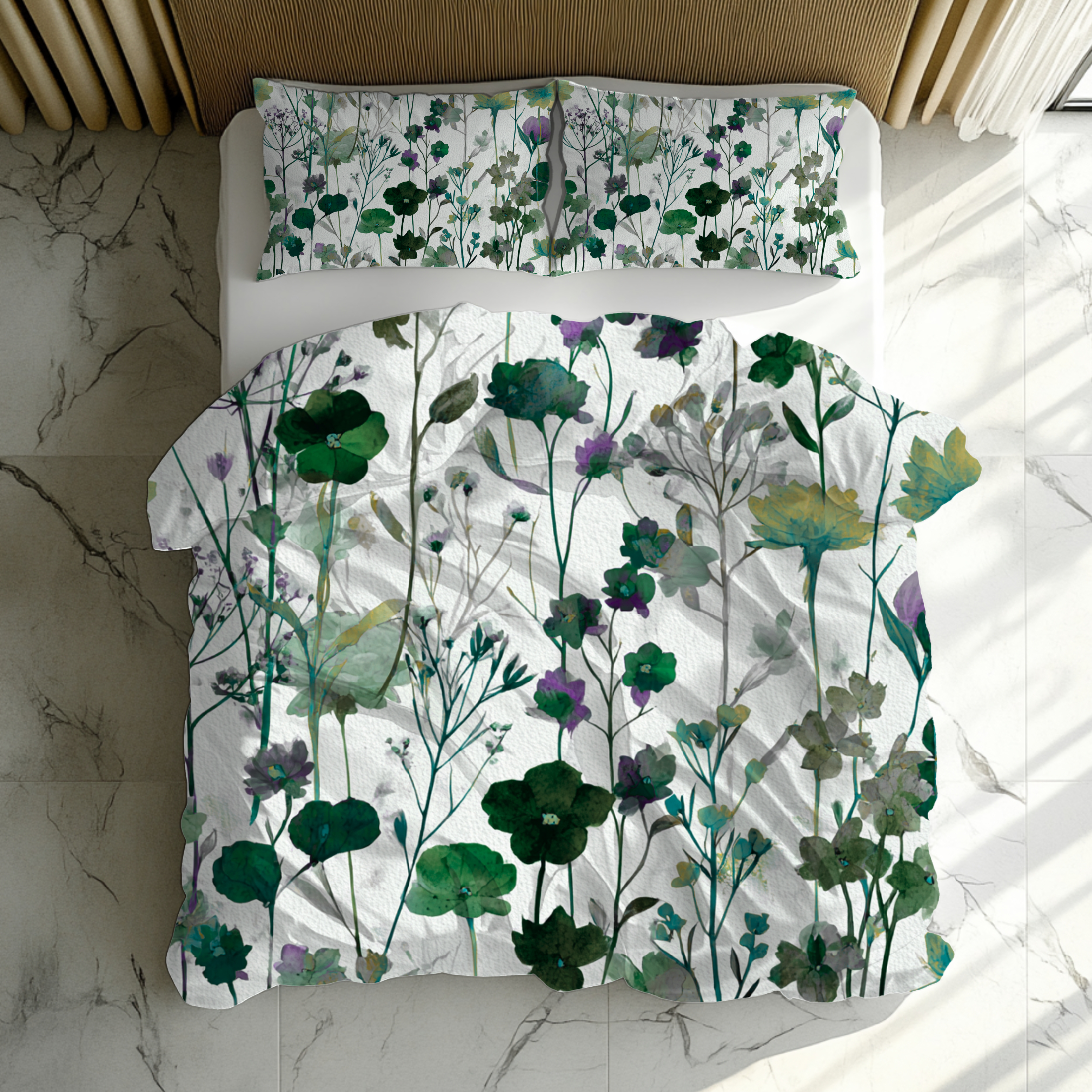 Floral Modern Duvet, Pillow Cover | White Green Bedroom Decor