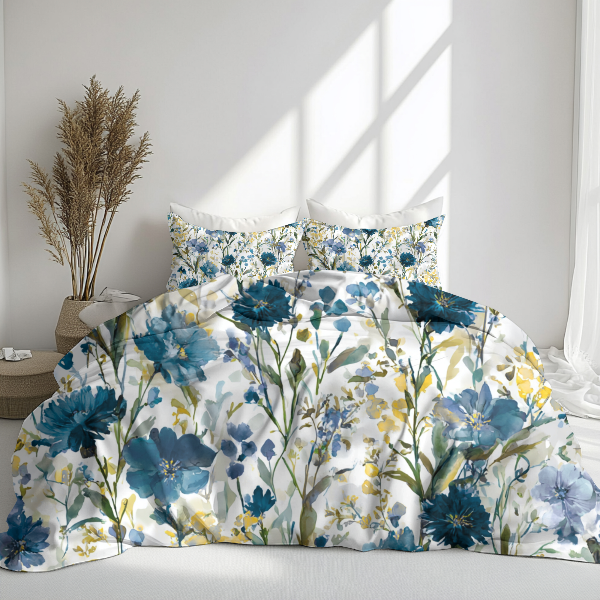Floral Modern Duvet, Pillow Cover | Blue Yellow Bedroom Decor