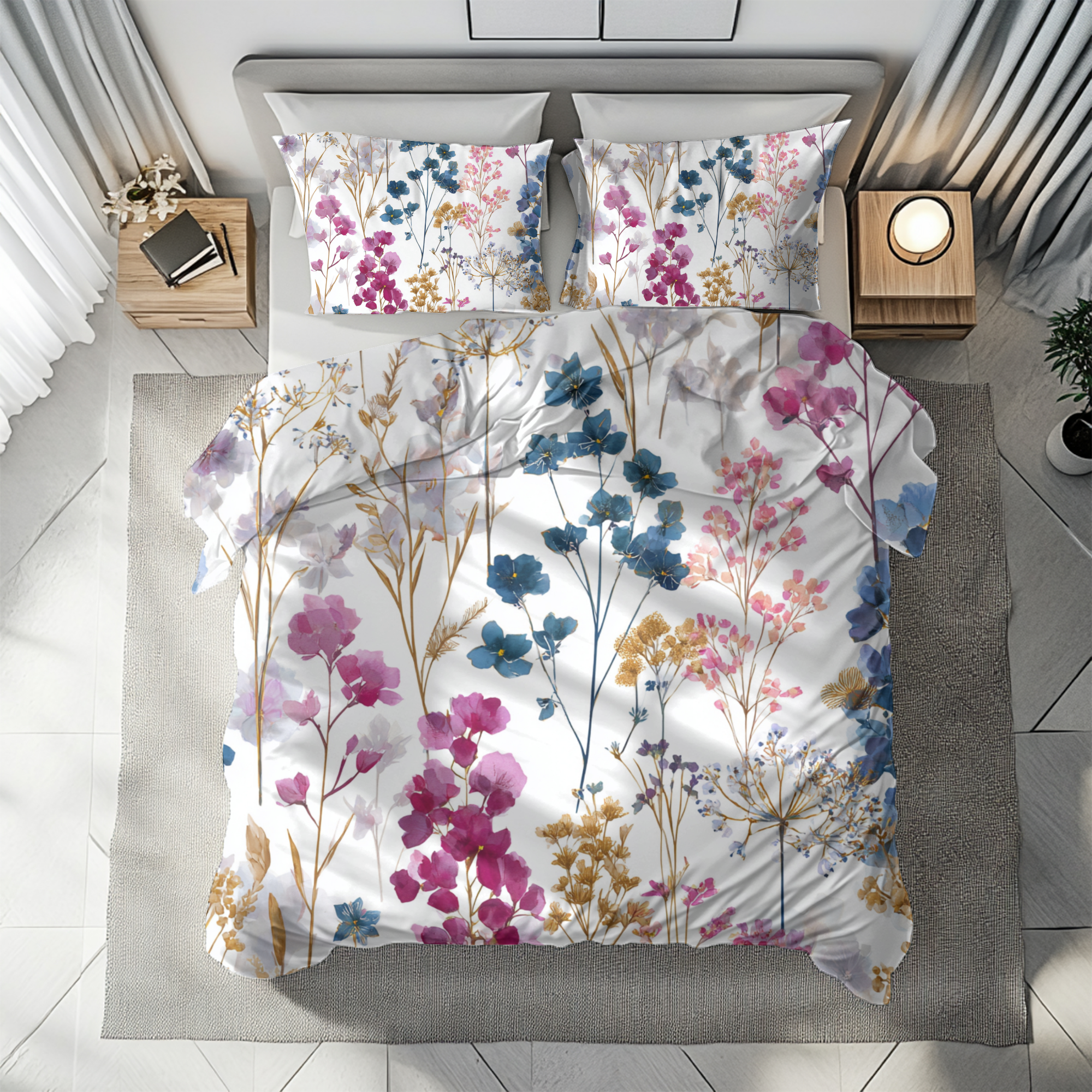 Floral Modern Duvet, Pillow Cover | White Pink Blue Bedroom Decor