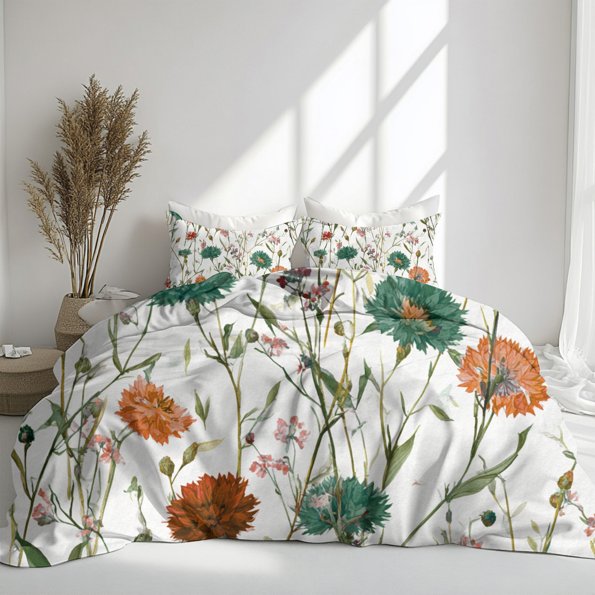 Floral Modern Duvet, Pillow Cover | White Orange Bedroom Decor