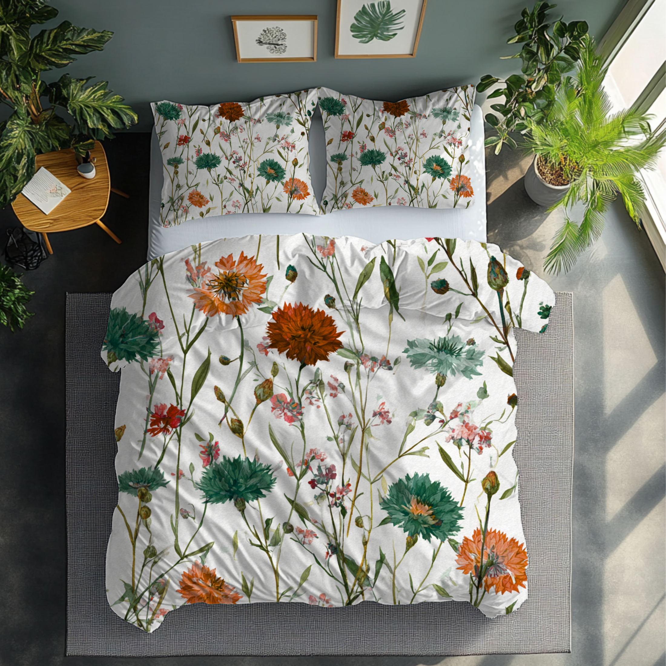 Floral Modern Duvet, Pillow Cover | White Orange Bedroom Decor
