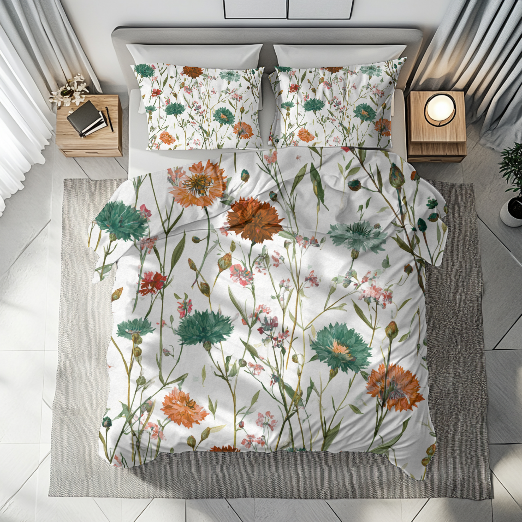 Floral Modern Duvet, Pillow Cover | White Orange Bedroom Decor
