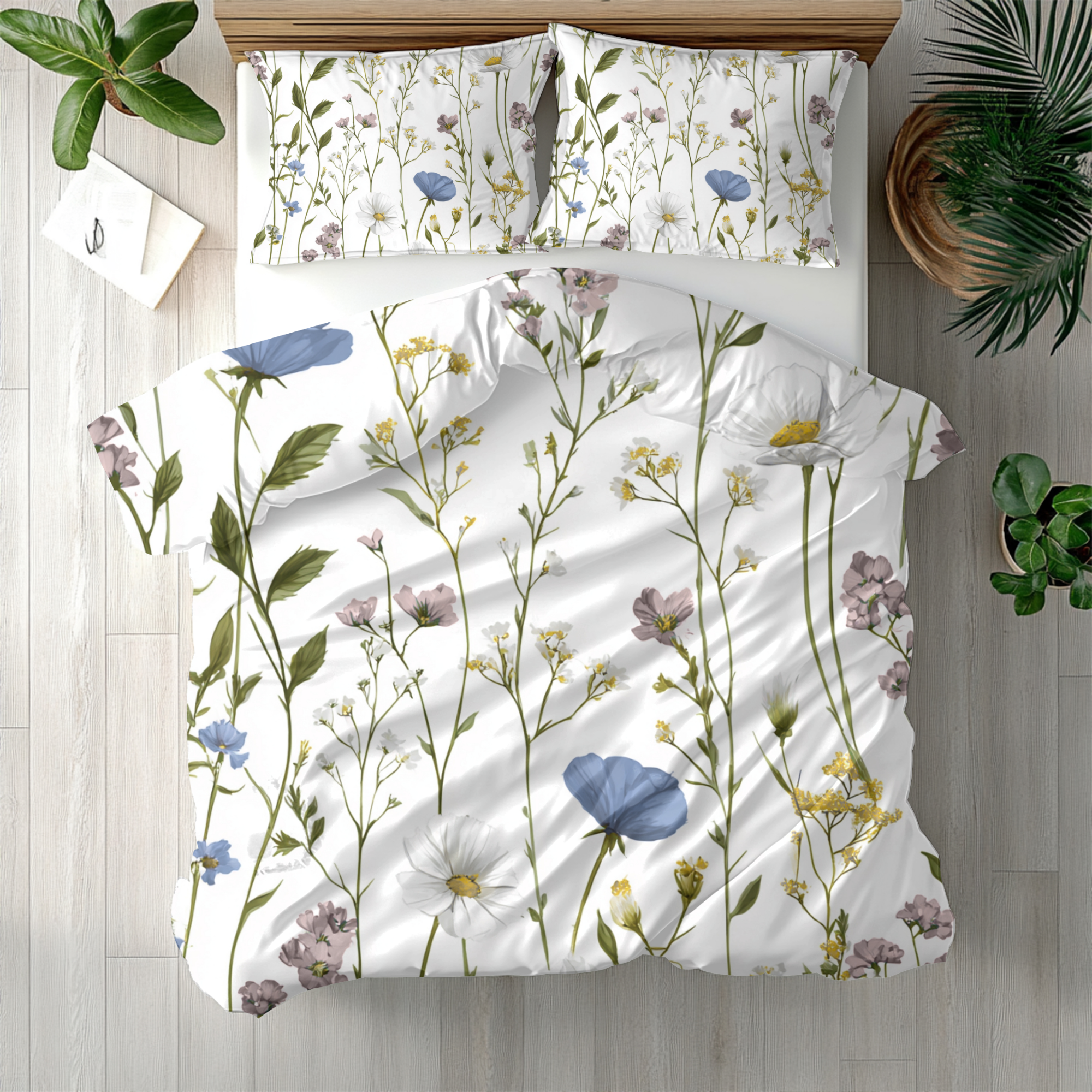 Floral Modern Duvet, Pillow Cover | White Blue Bedroom Decor