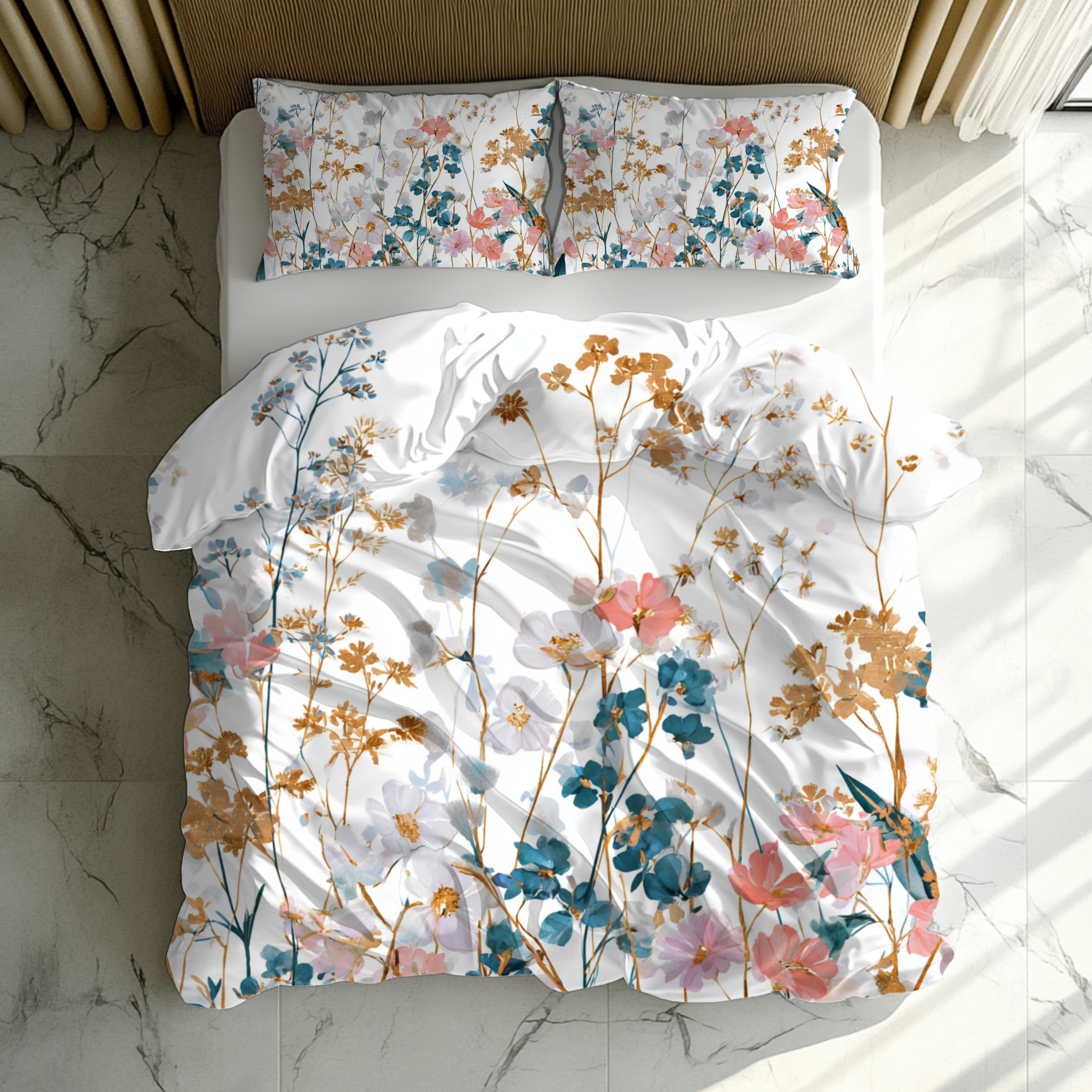Floral Modern Duvet, Pillow Cover | White Beige Bedroom Decor