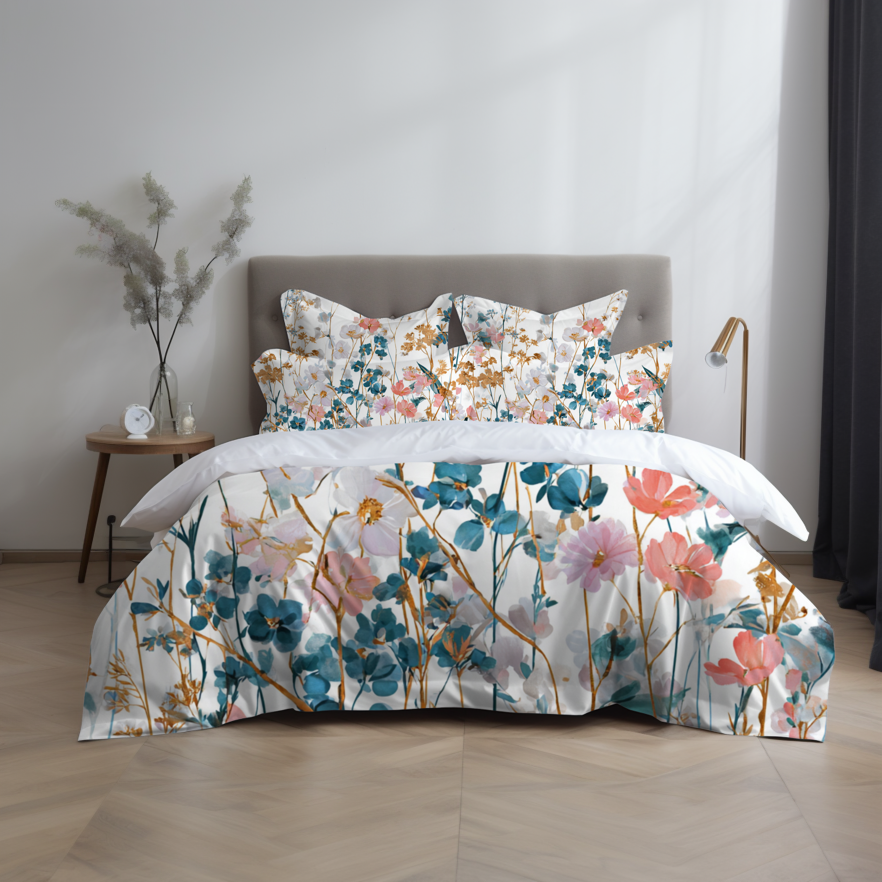 Floral Modern Duvet, Pillow Cover | White Beige Bedroom Decor