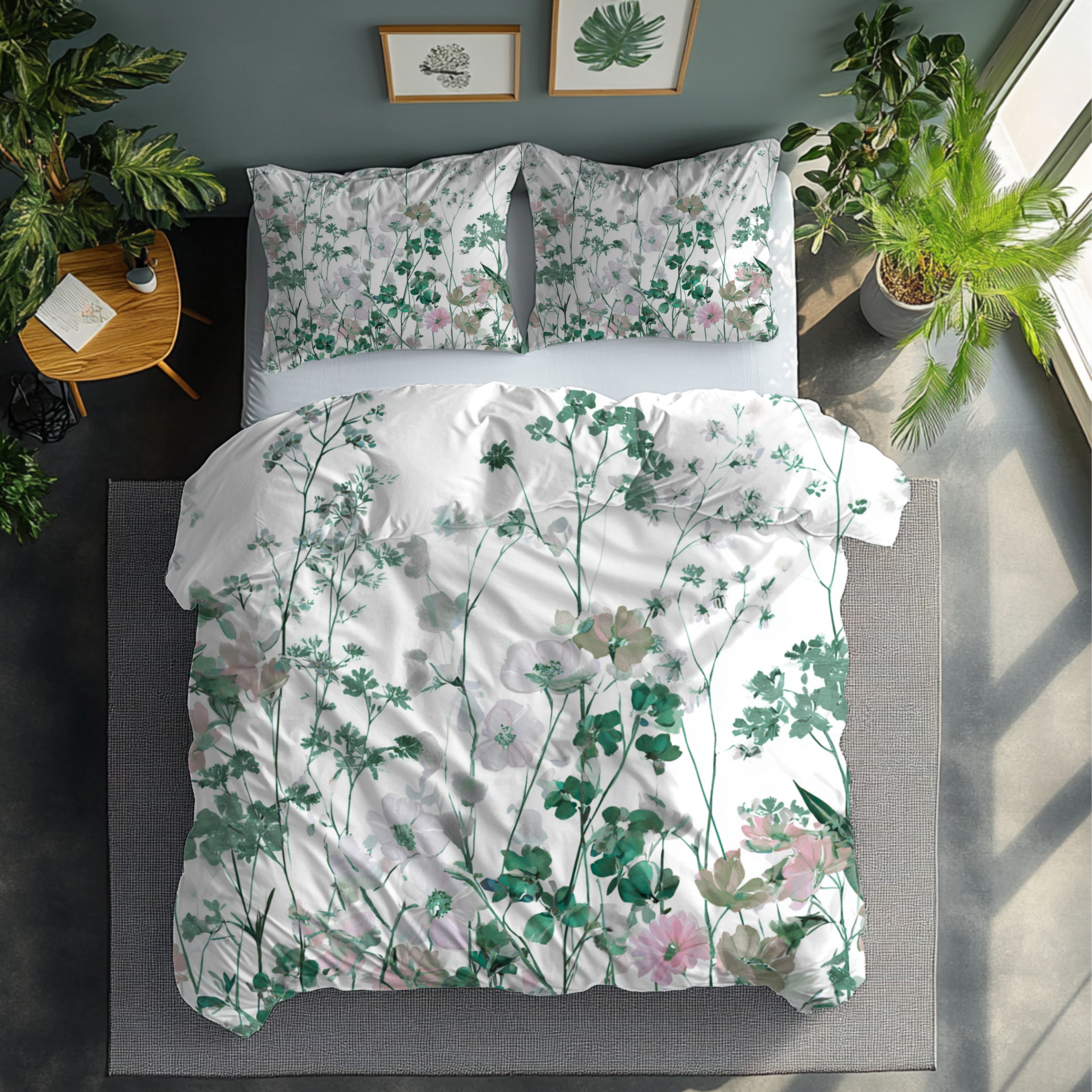 Floral Modern Duvet, Pillow Cover | White Green Bedroom Decor
