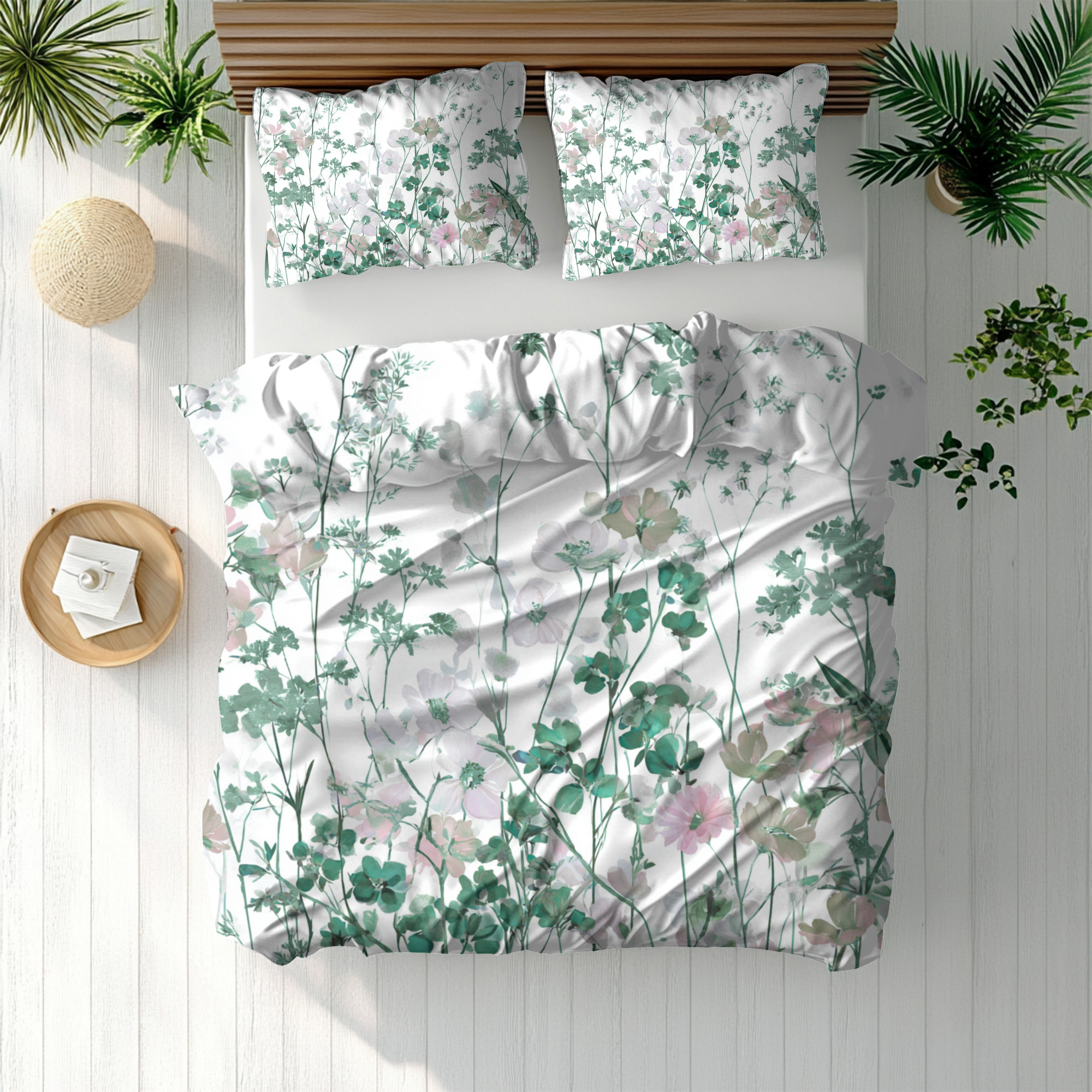 Floral Modern Duvet, Pillow Cover | White Green Bedroom Decor