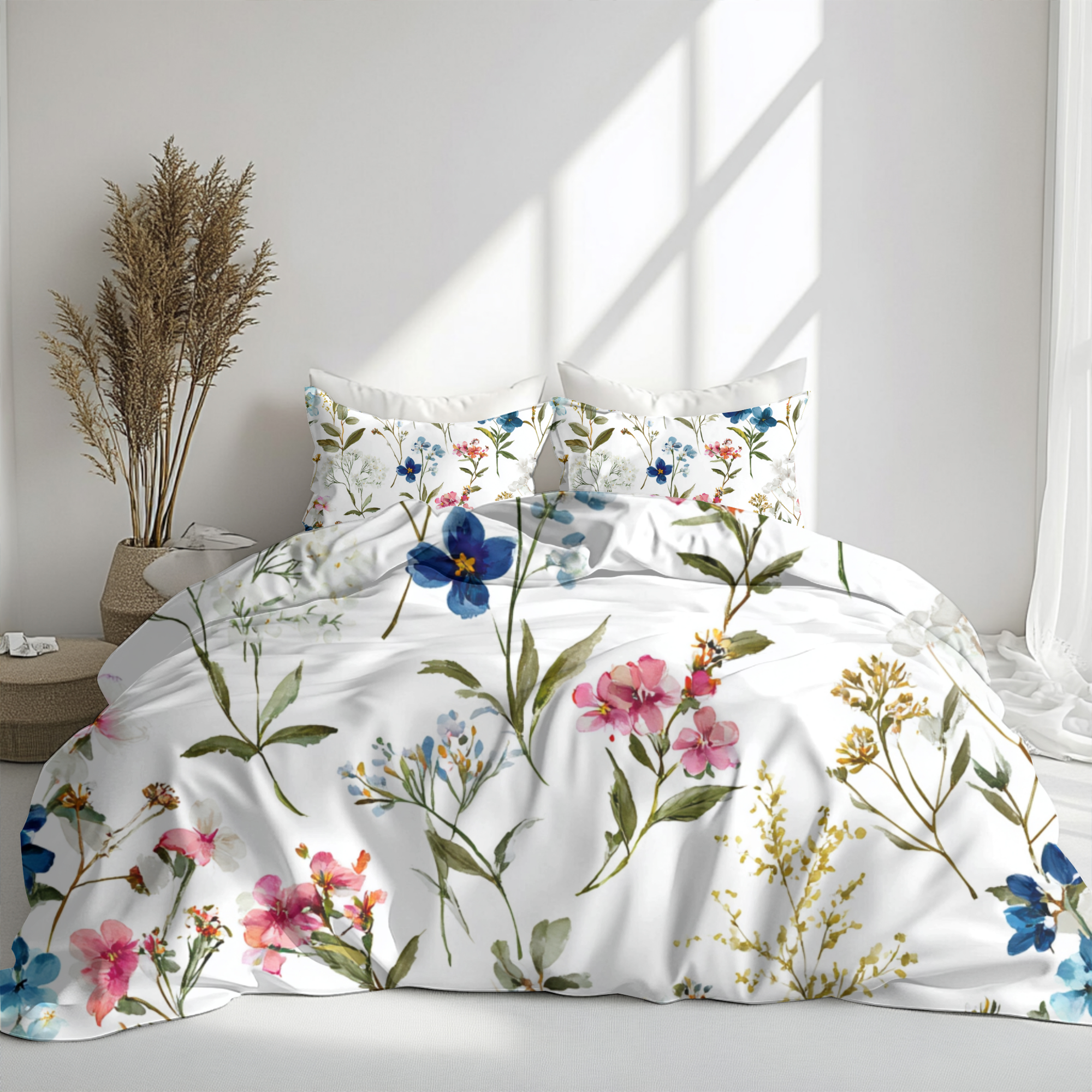 Floral Modern Duvet, Pillow Cover | White Green Bedroom Decor