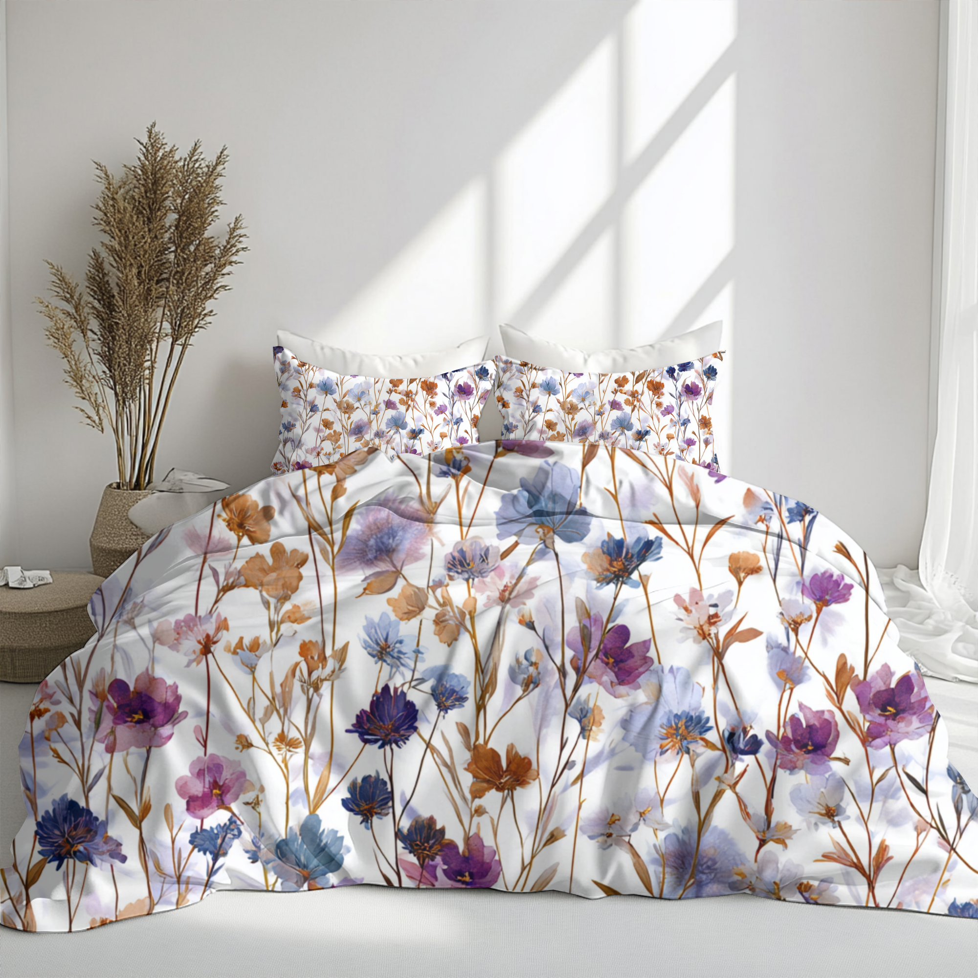 Floral Modern Duvet, Pillow Cover | White Purple Bedroom Decor