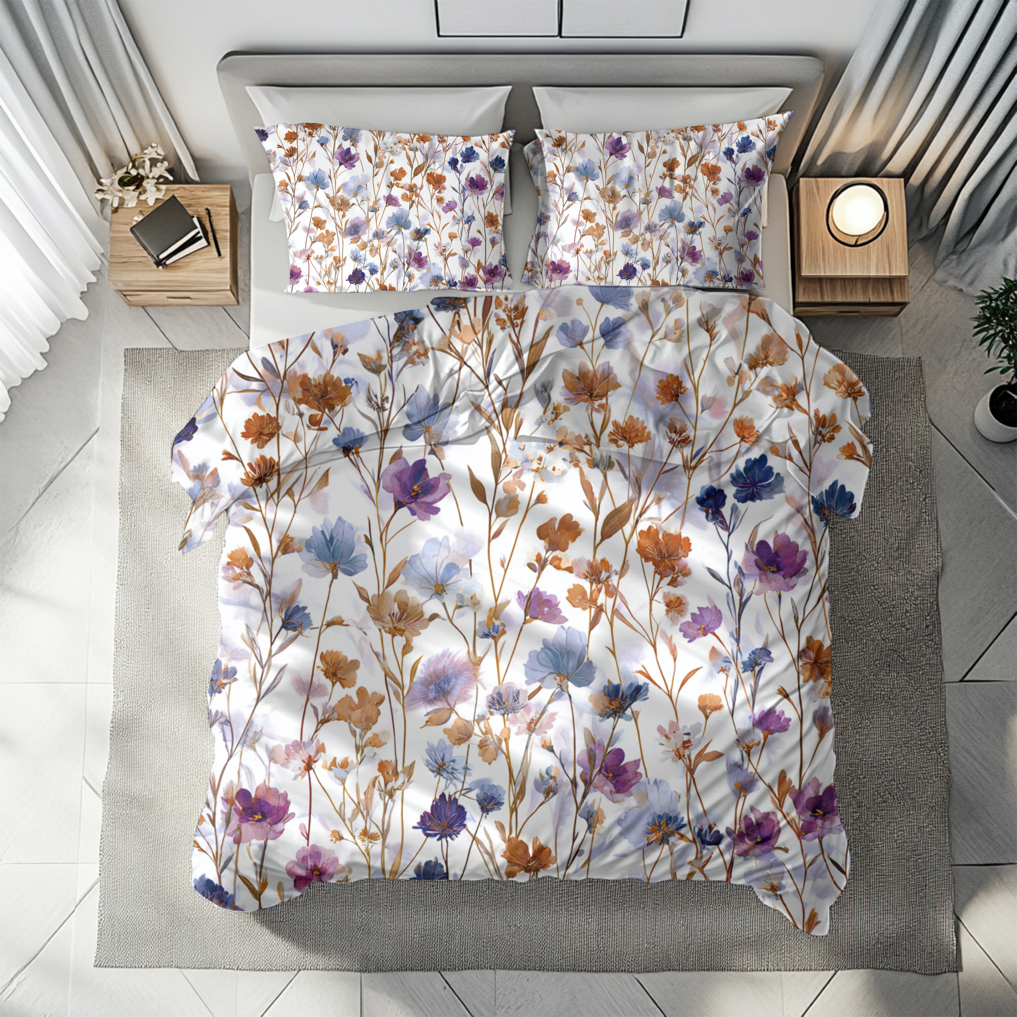 Floral Modern Duvet, Pillow Cover | White Purple Bedroom Decor