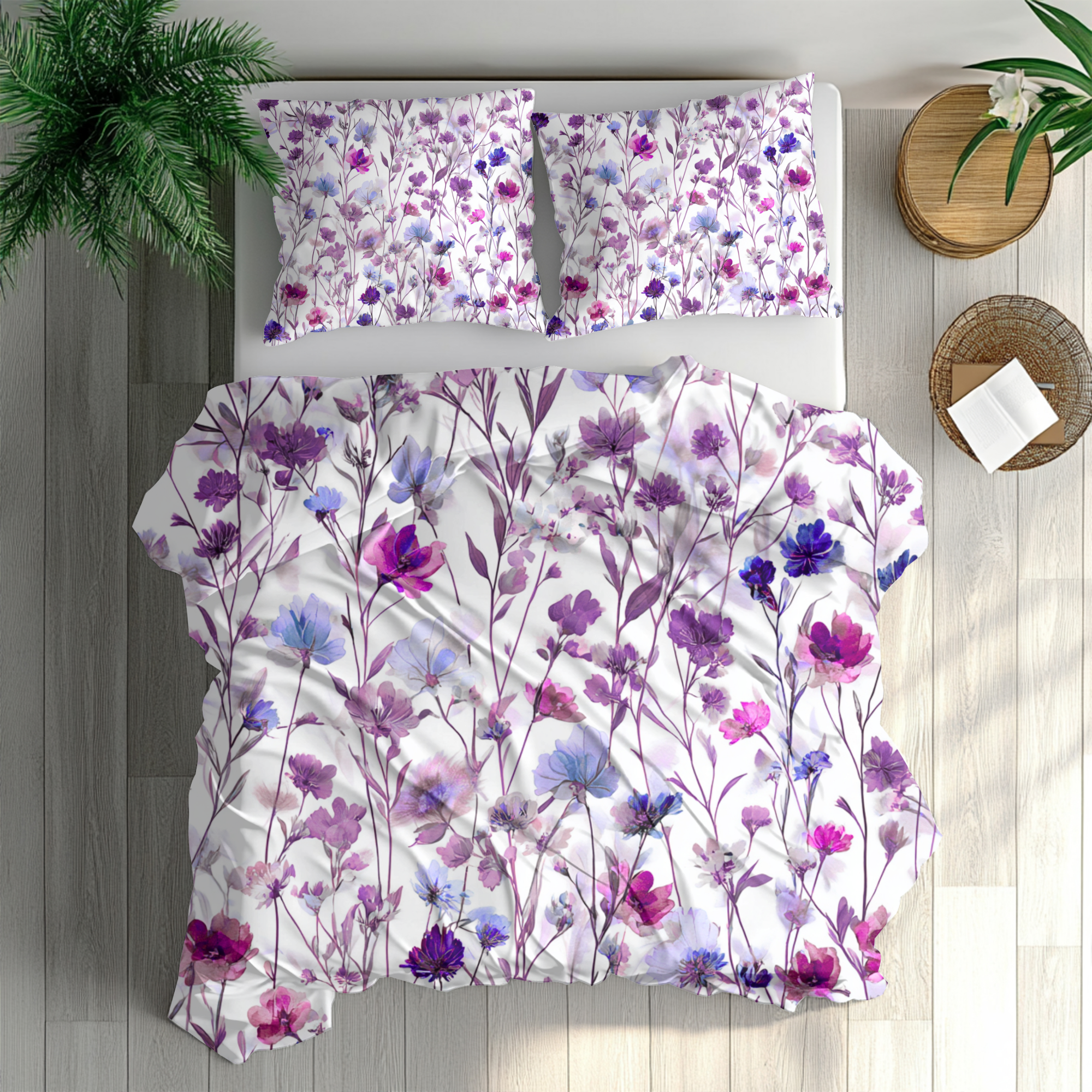 Floral Modern Duvet, Pillow Cover | White Lavender Bedroom Decor