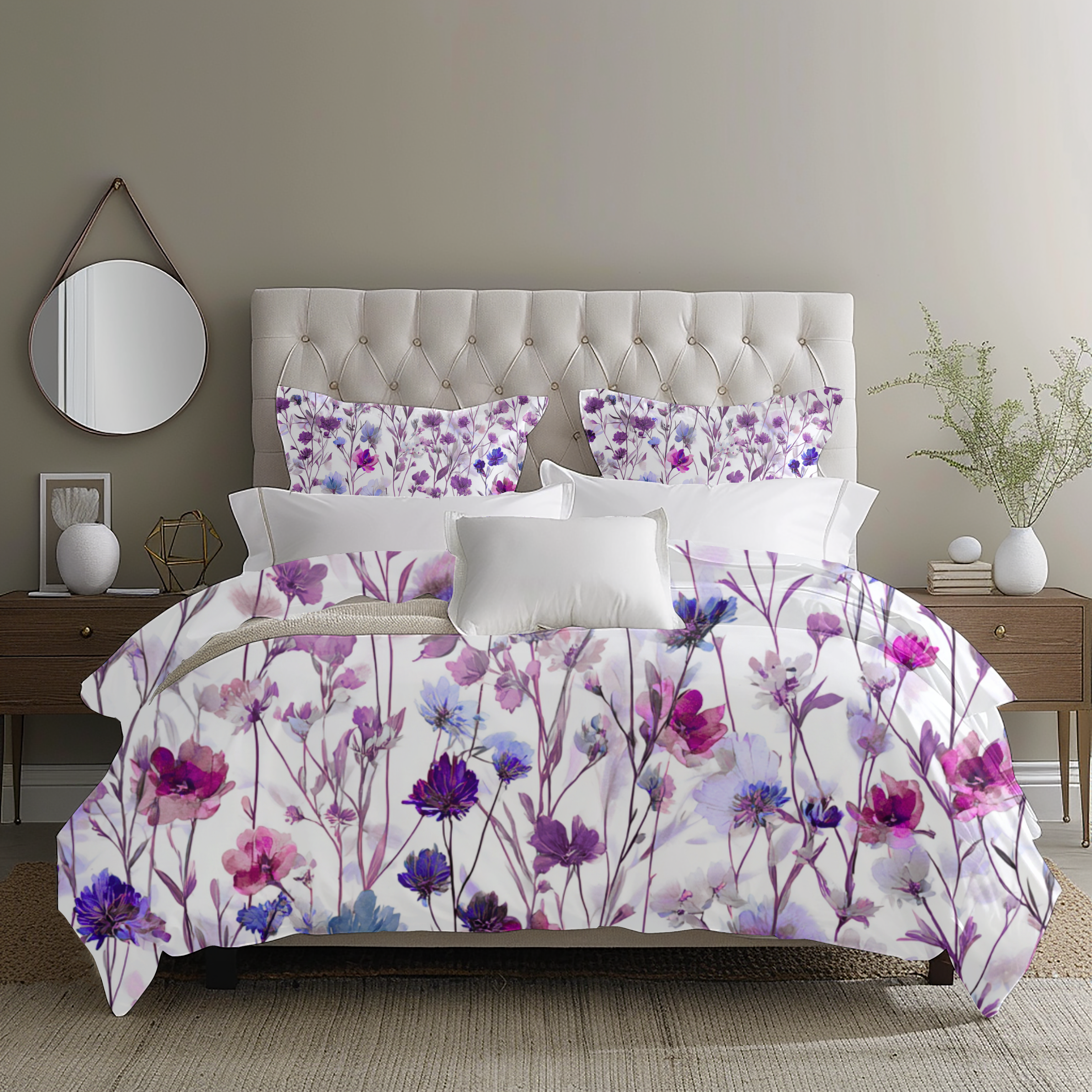 Floral Modern Duvet, Pillow Cover | White Lavender Bedroom Decor