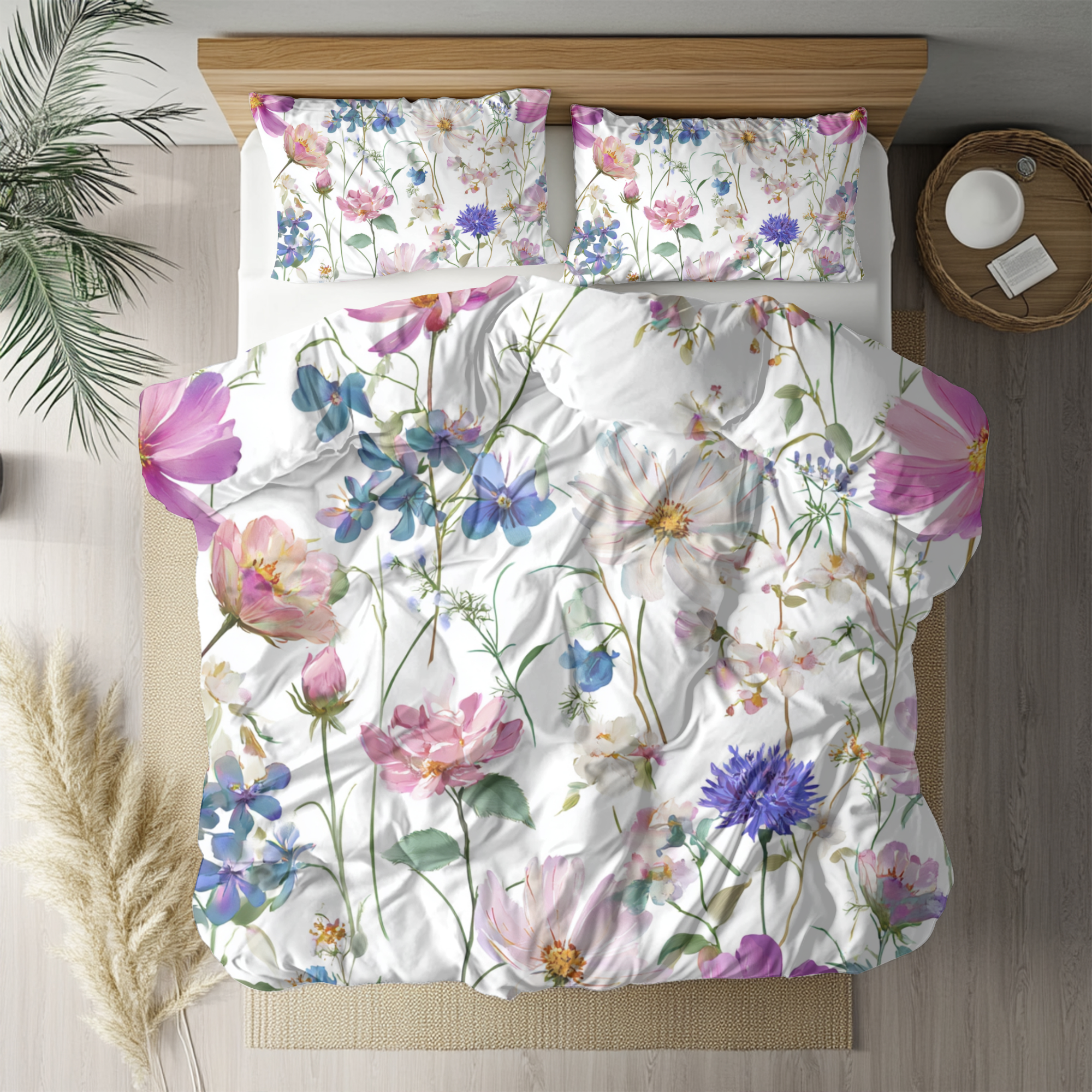 a bedroom with a bed covered in a floral comforter featuring a variety of colorful flowers. The bed is set against a wooden headboard, and there is a nightstand next to it. The room also includes a potted plant and a decorative item on the floor.