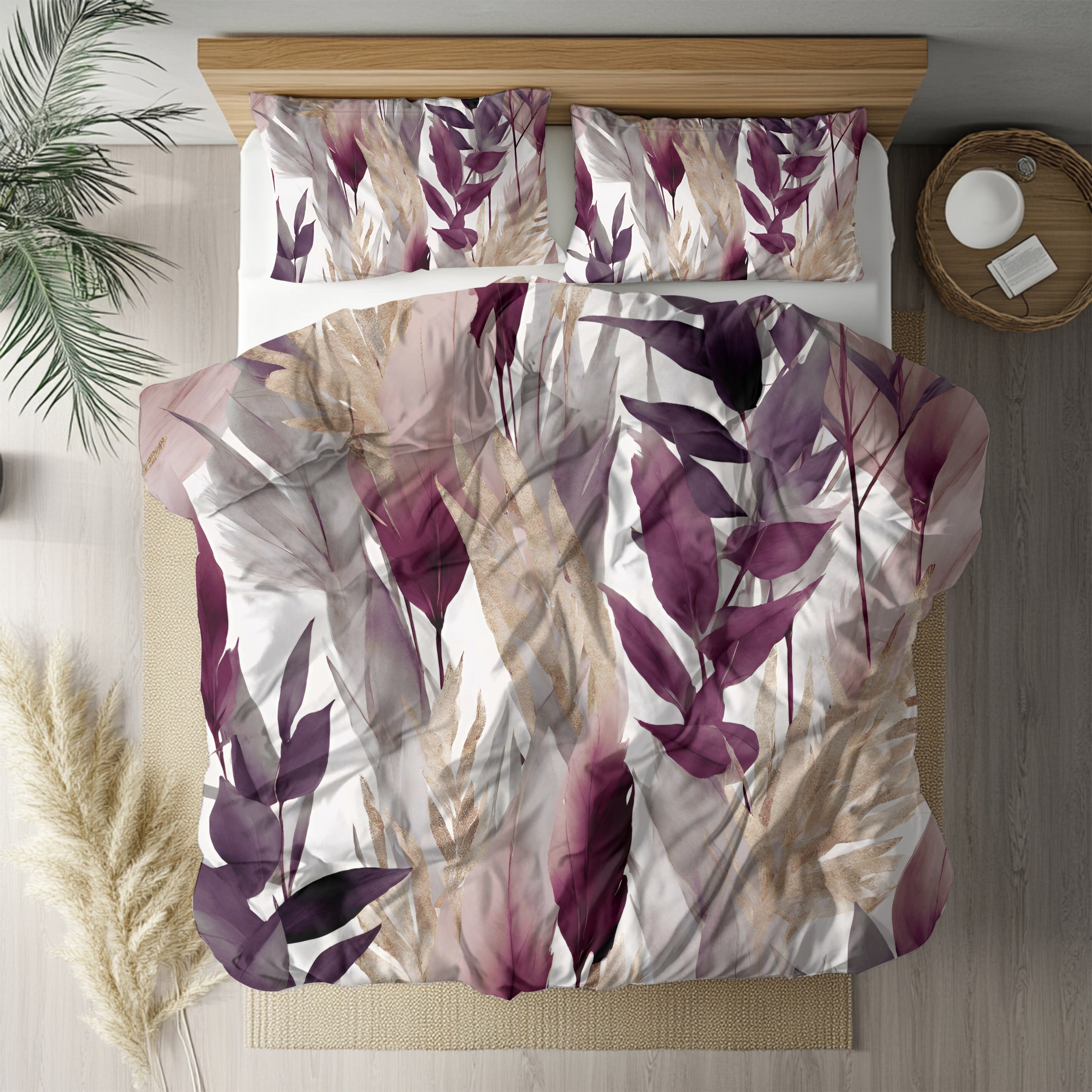 a bedroom with a bed covered in a floral print duvet cover featuring purple and white leaves and flowers. The bed is set against a wooden headboard, and there is a nightstand with a white plate on it. The room also includes a potted plant and a rug, creating a cozy and inviting atmosphere.
