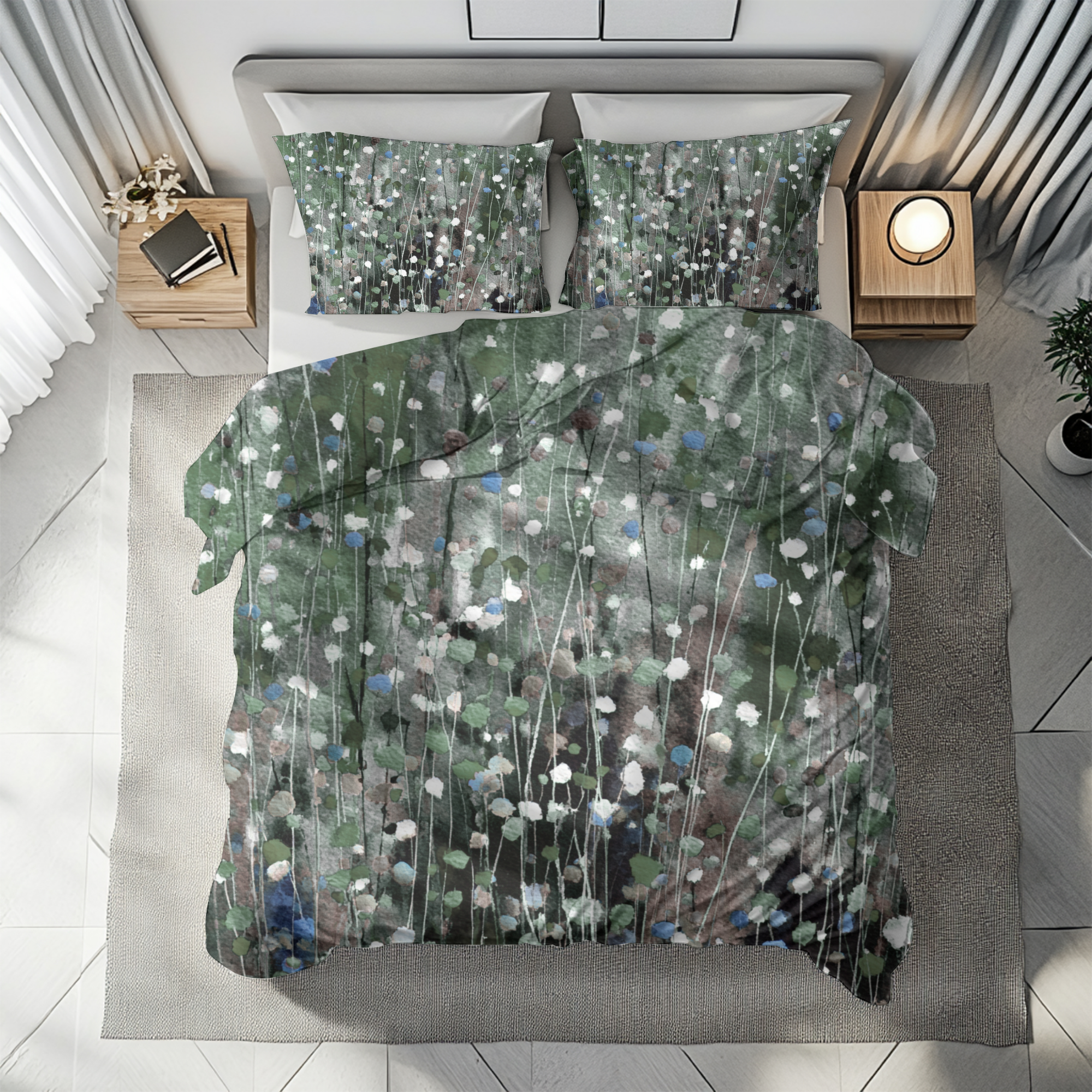 a bedroom with a bed covered in a green and white patterned comforter. The bed is positioned against a wall with a nightstand on each side. The room has a minimalist and modern design, with a gray rug on the floor and a window providing natural light.
