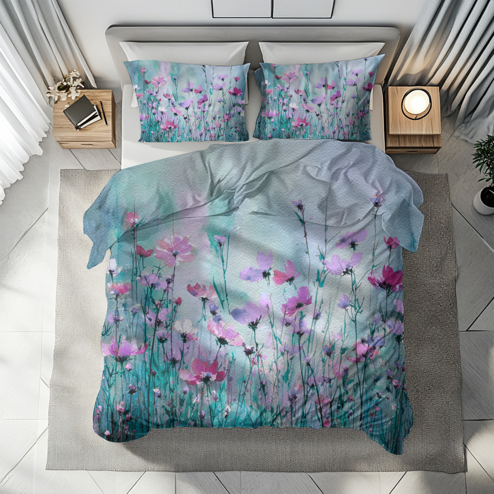 Floral Duvet, Pillow Cover | Teal Blue Bedroom Decor