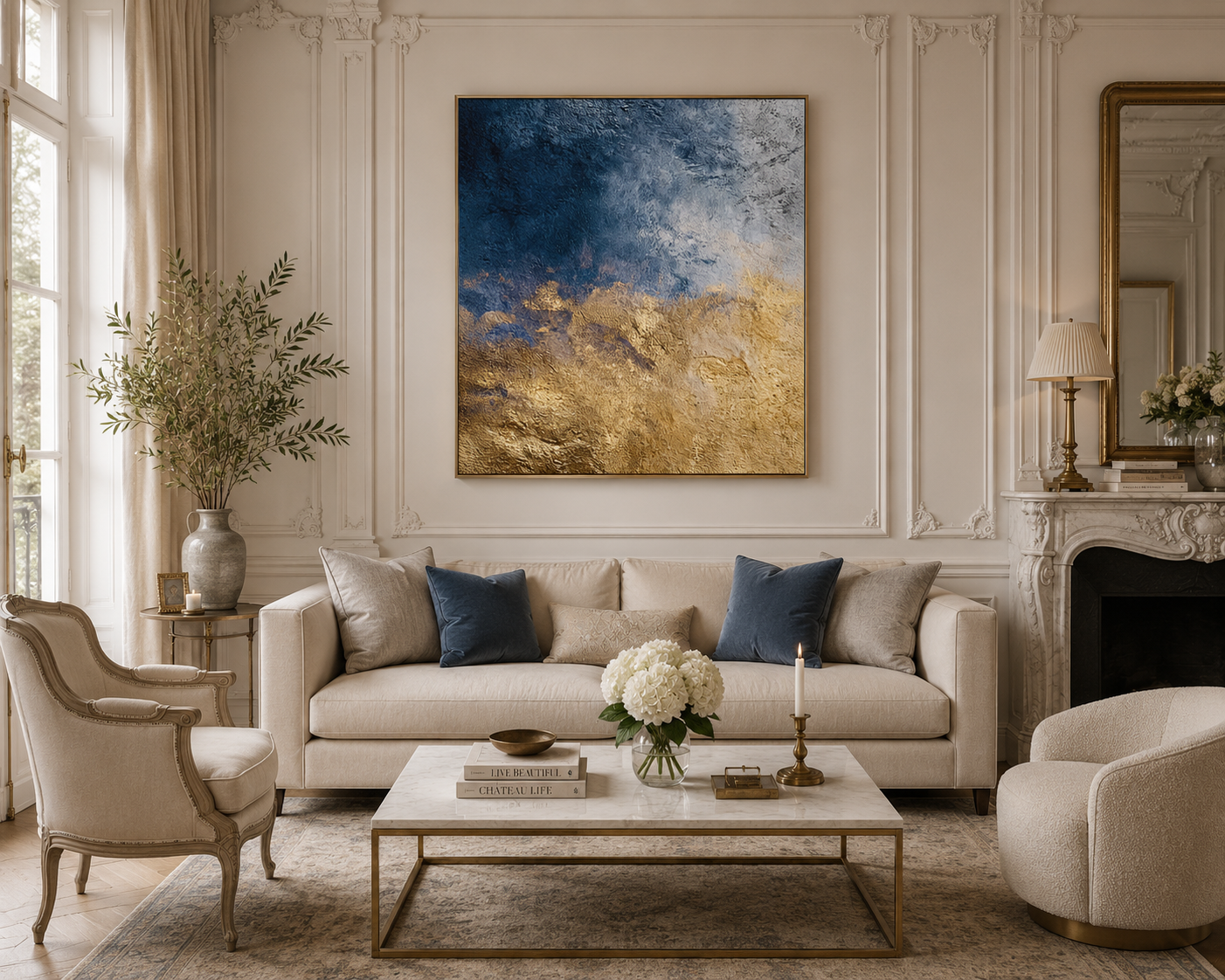 Abstract Neutral Wall Art Print | Boho Earthy Home Decor | Blue, Muted Gold Modern Organic Art