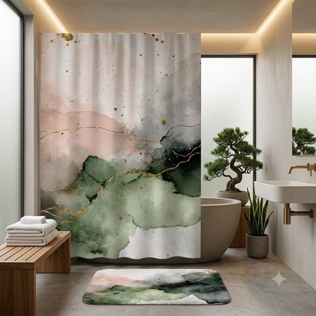 Green Boho Shower Curtain, Bath Mat | Blush Watercolor Bathroom Set