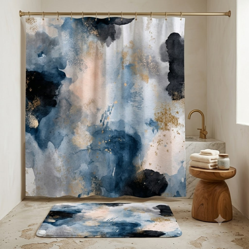 Blue Boho Shower Curtain, Bath Mat | Blush Watercolor Bathroom Set