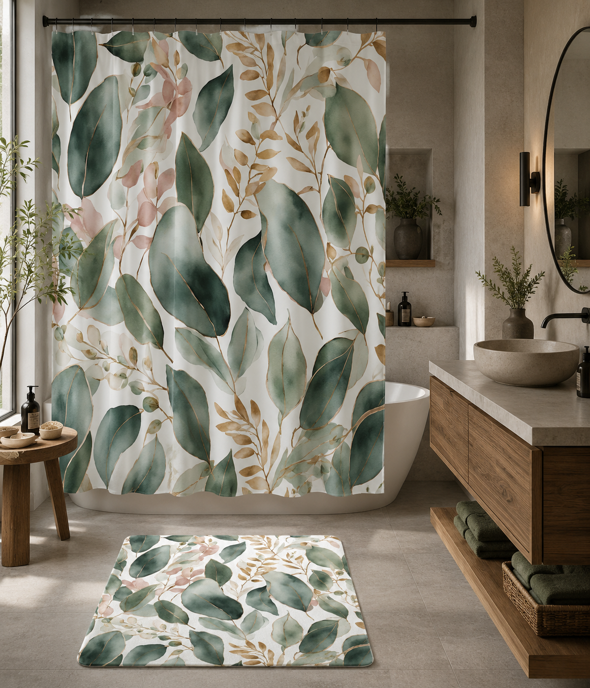 Floral Shower Curtain, Bath Mat | Sage Green, Blush White Watercolor Bathroom Set