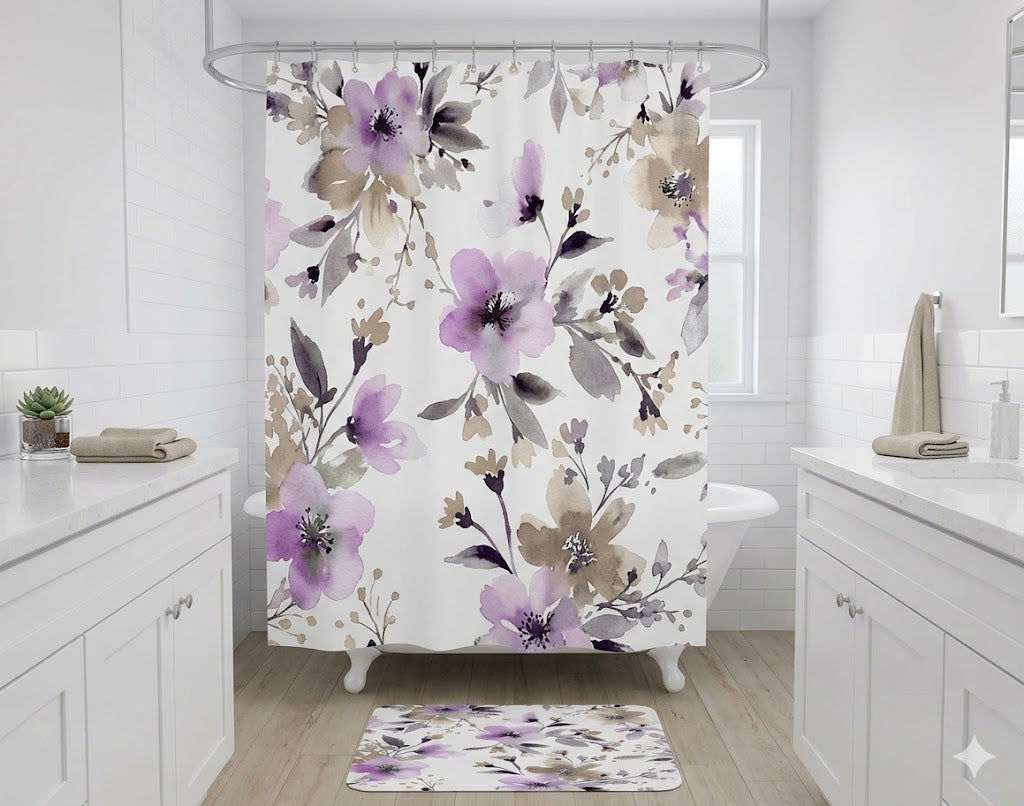 Lavender and Grey Floral Shower Curtain, Bath Mat | Watercolor Botanical Bathroom