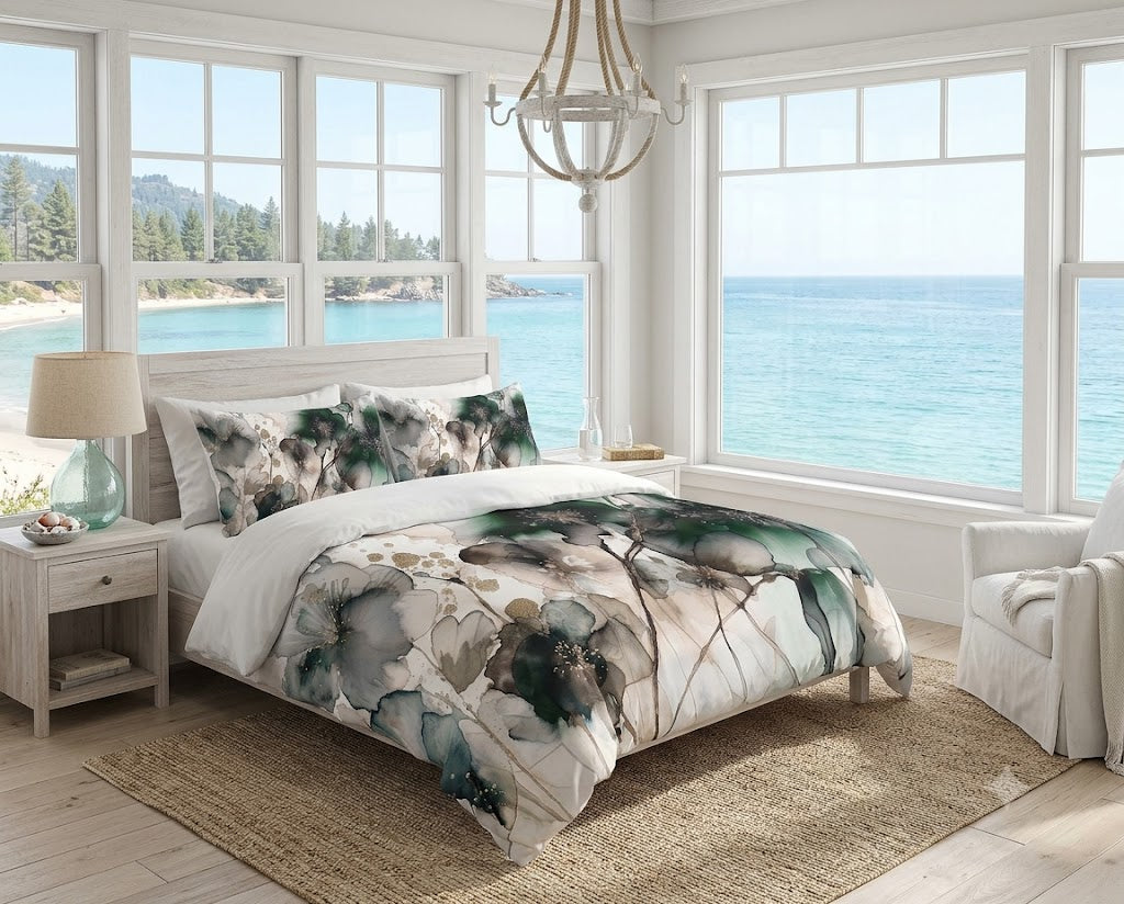 Abstract Floral Duvet Cover Set | Luxury Watercolor Bedding in Emerald Green
