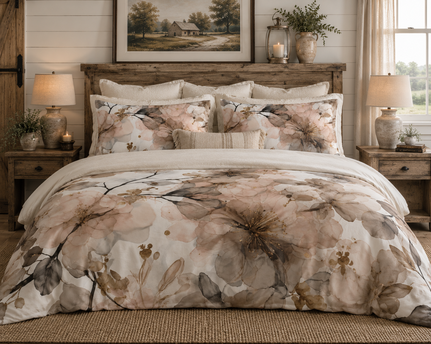 Abstract Floral Duvet Cover Set | Grey Watercolor Bedding in Emerald Green