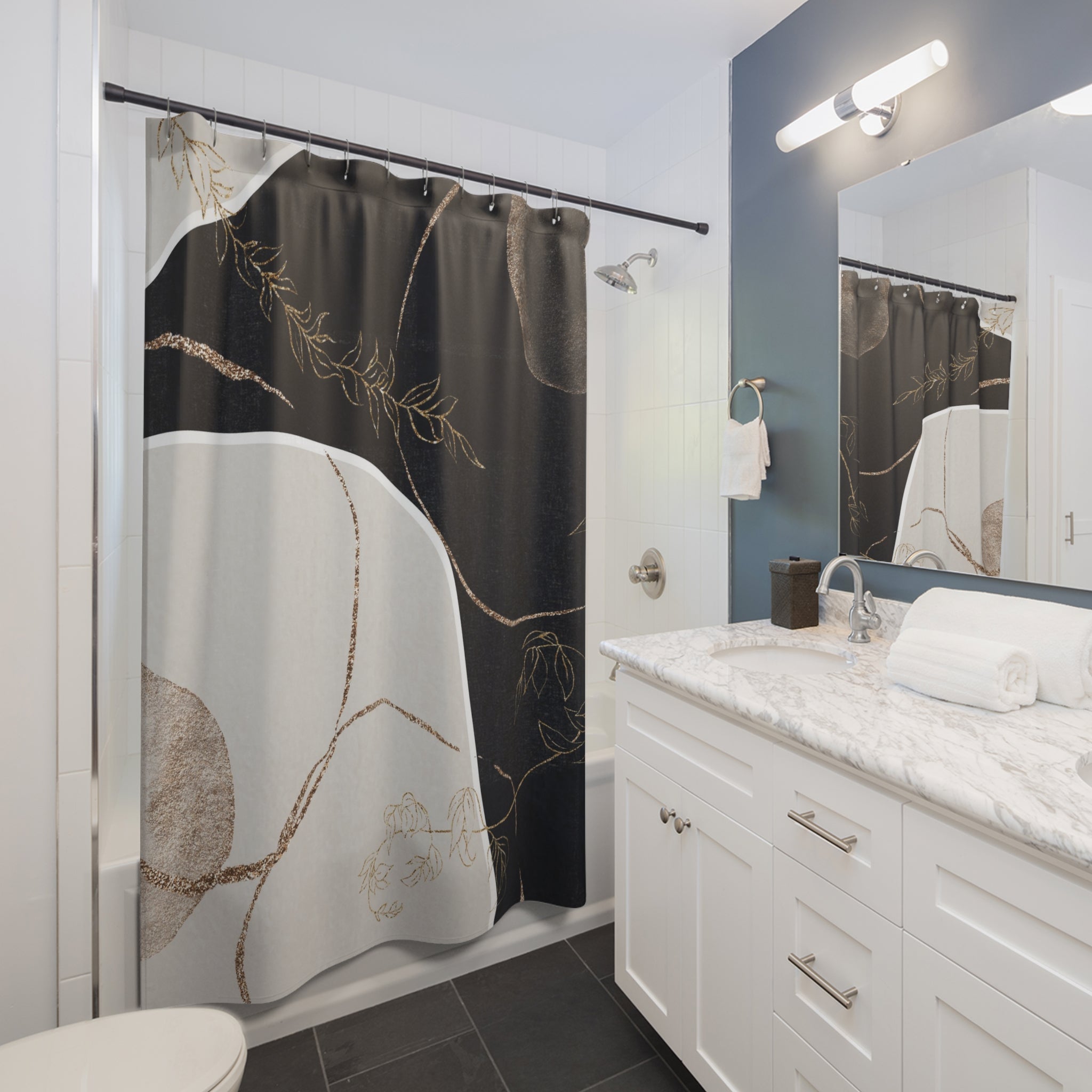 Boho Abstract Art Shower Curtain | Muted Gold Beige Black Line Art