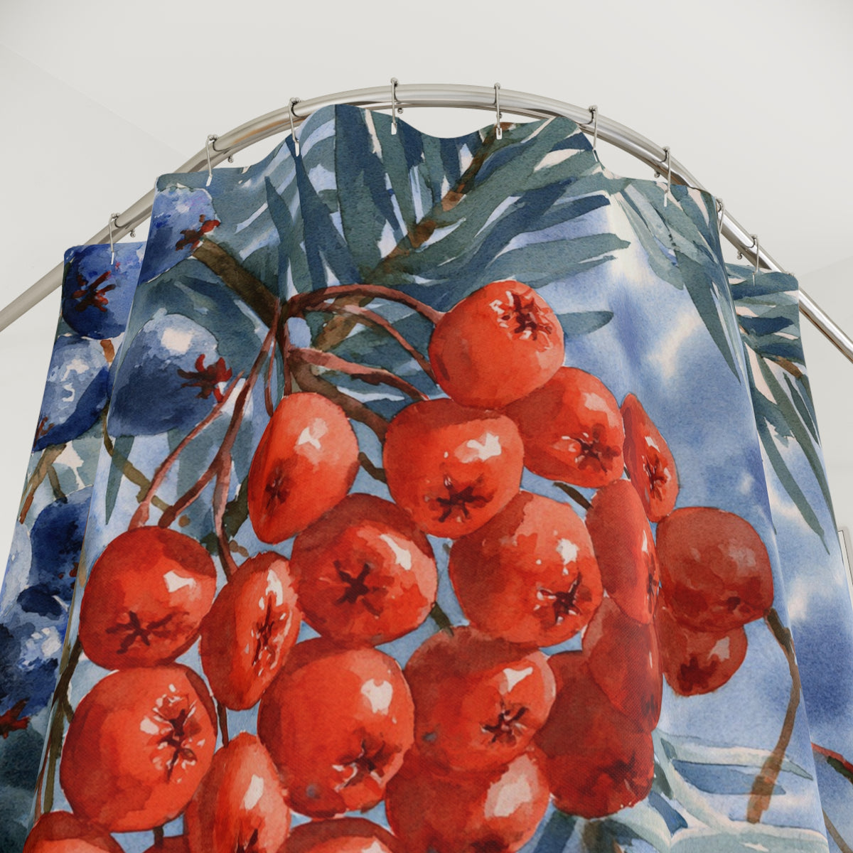 Red Rowan Berry Watercolor Shower Curtain, Bath Curtain 71x74