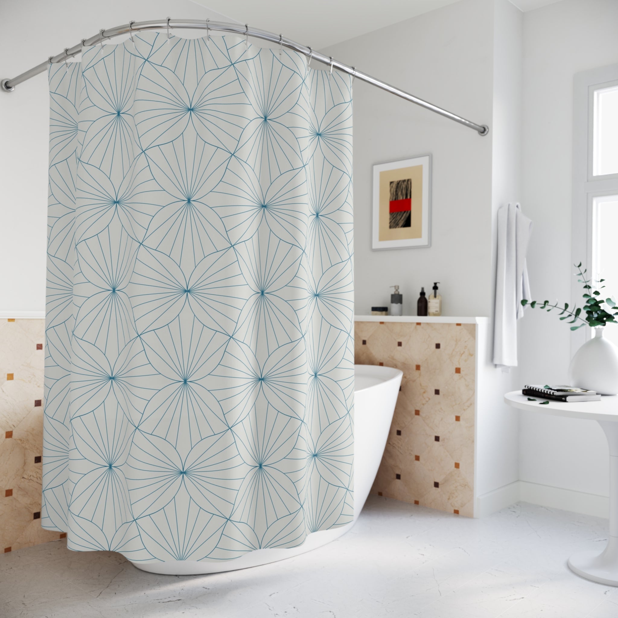 Boho Shower Curtain | Art Deco Geometric Blue Grey