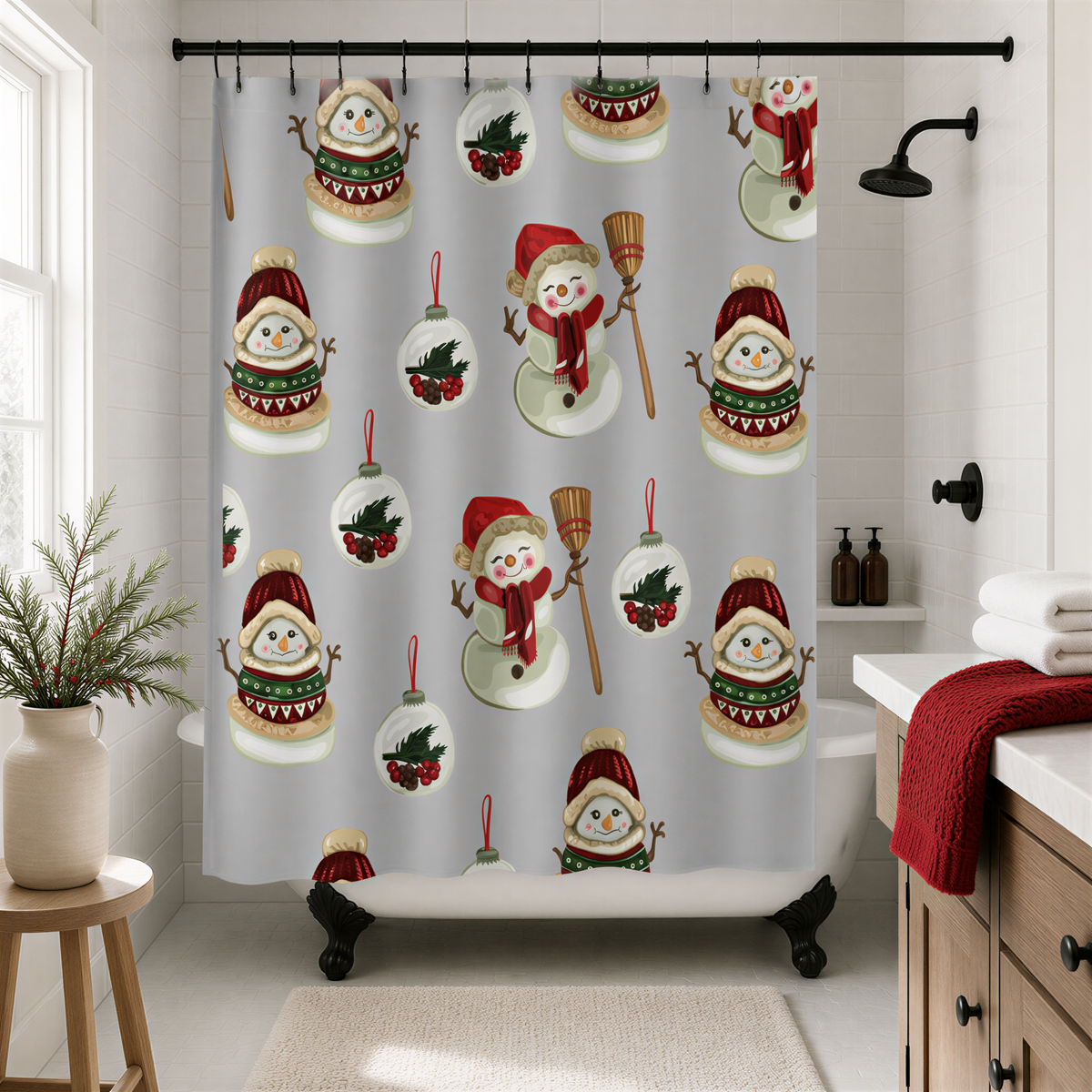 a bathroom decorated with a festive Christmas theme, including a shower curtain with snowmen and ornaments.