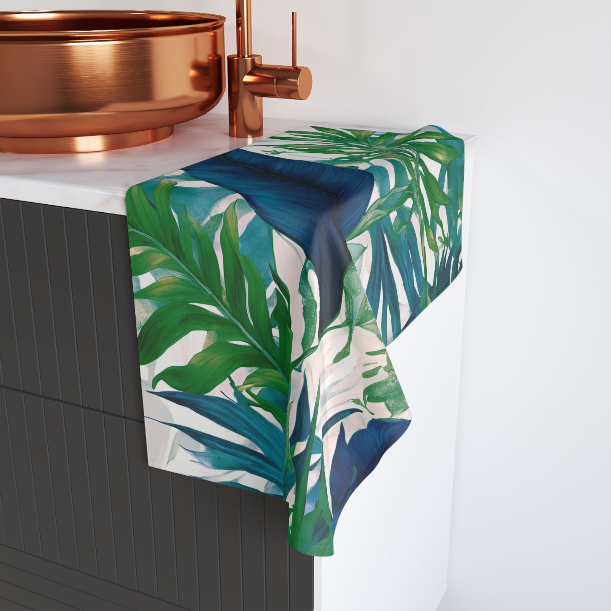 Tropical Floral Kitchen, Bath Hand Towel | Coastal Indigo Blue, Emerald Green