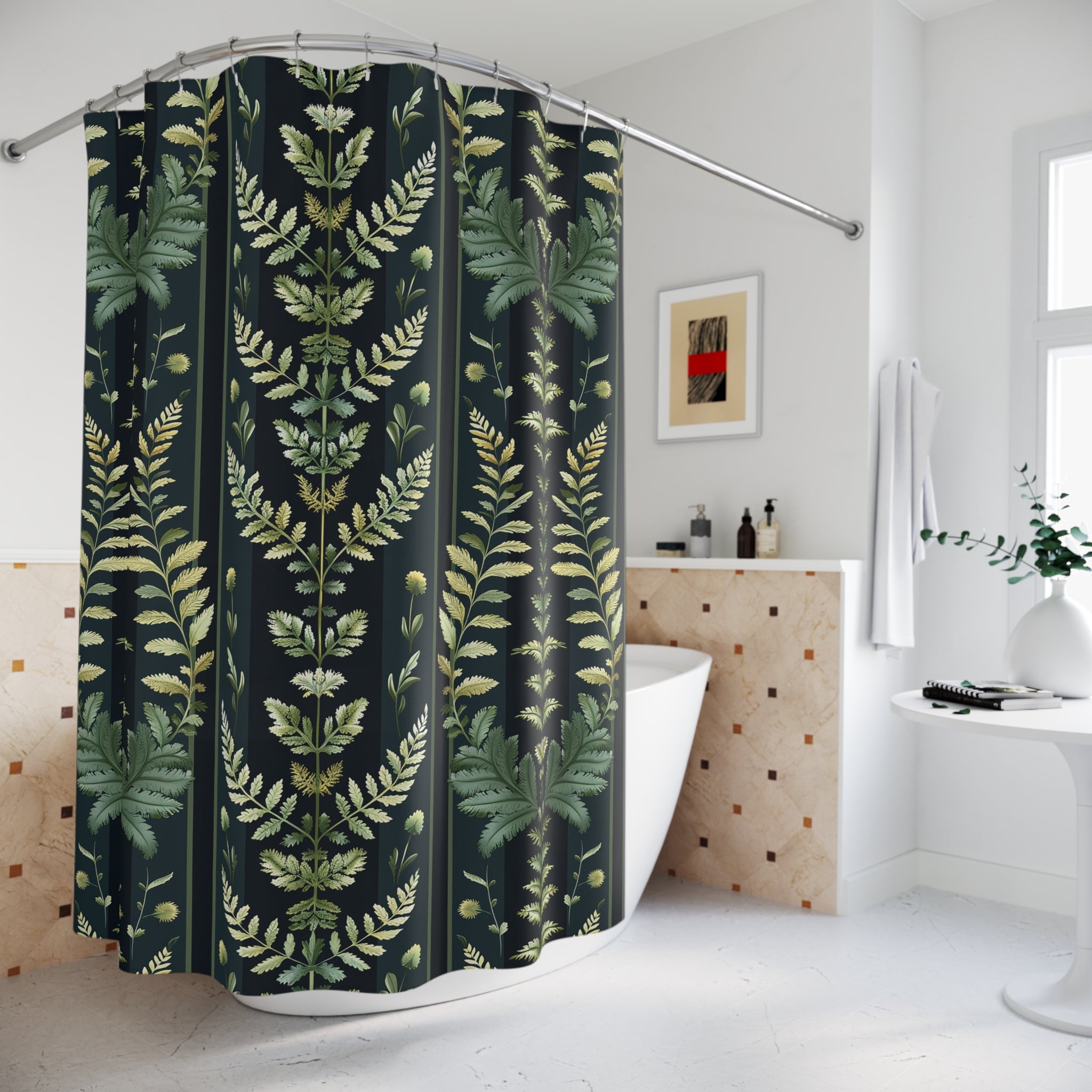 Herbarium Vintage Shower Curtain | Navy Blue Sage Green Plants