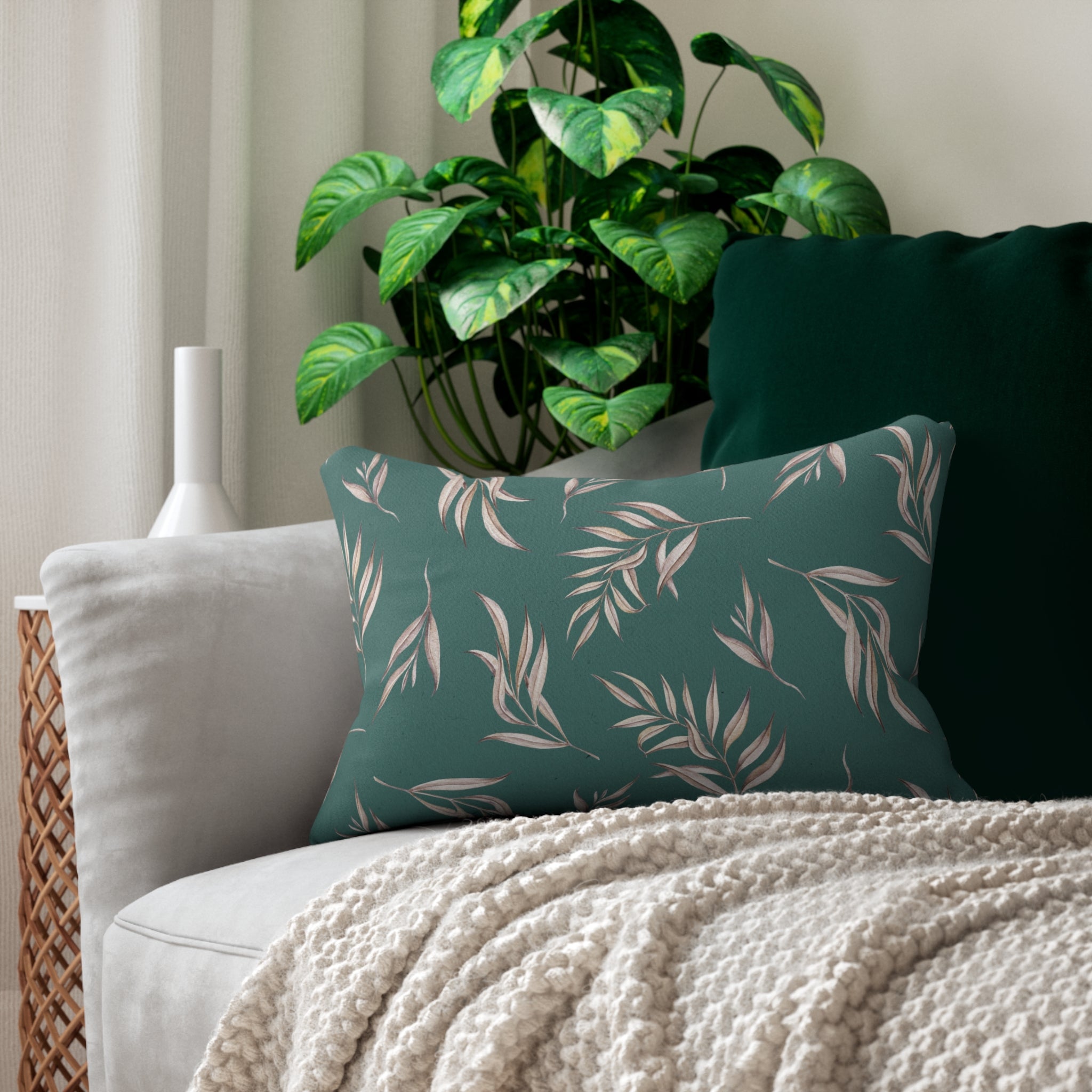 Floral Lumbar Pillow | Teal Green Beige Leaves
